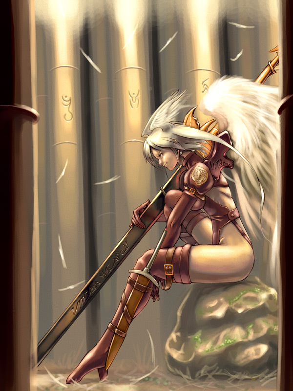 momigara (mmgrkmnk), nawashiro, ozzio, ultima (fft), final fantasy, final fantasy tactics, bad id, bad pixiv id, 1girl, bodysuit, breasts, female focus, head wings, legs, leotard, long legs, red leotard, solo, sword, thighhighs, thighs, weapon, white hair, wings