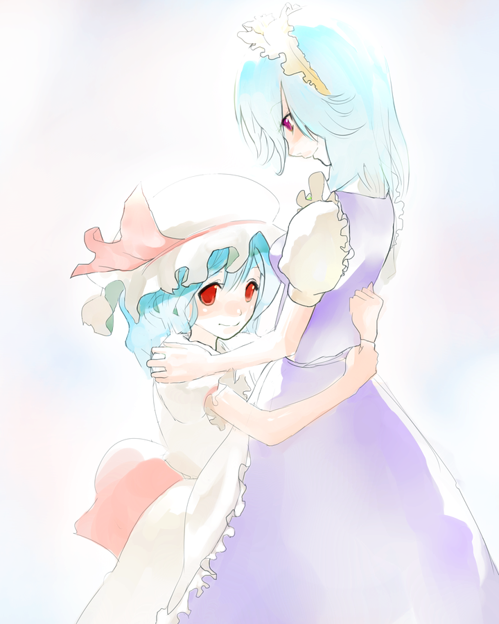 chirigami-san, izayoi sakuya, remilia scarlet, touhou, bad id, bad pixiv id, 2girls, blue hair, female focus, hug, light smile, looking at viewer, maid, maid headdress, multiple girls, pale color, purple eyes, red eyes, short hair, smile, white hair