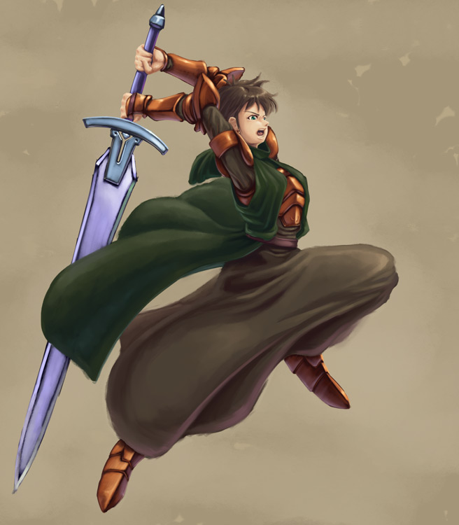 momigara (mmgrkmnk), nawashiro, ozzio, meliadoul tengille, final fantasy, final fantasy tactics, bad id, bad pixiv id, 1girl, armor, brown hair, cloak, female focus, green eyes, knight, save the queen, short hair, solo, sword, weapon