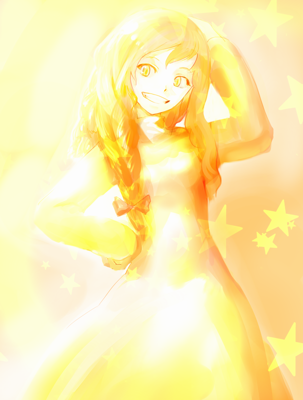 chirigami-san, kirisame marisa, touhou, bad id, bad pixiv id, 1girl, alternate costume, blonde hair, braid, female focus, grin, smile, solo, turtleneck, yellow theme