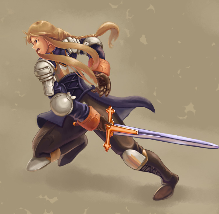 momigara (mmgrkmnk), nawashiro, ozzio, agrias oaks, final fantasy, final fantasy tactics, bad id, bad pixiv id, 1girl, armor, blonde hair, blue eyes, braid, braided ponytail, female focus, knight, single braid, solo, sword, weapon