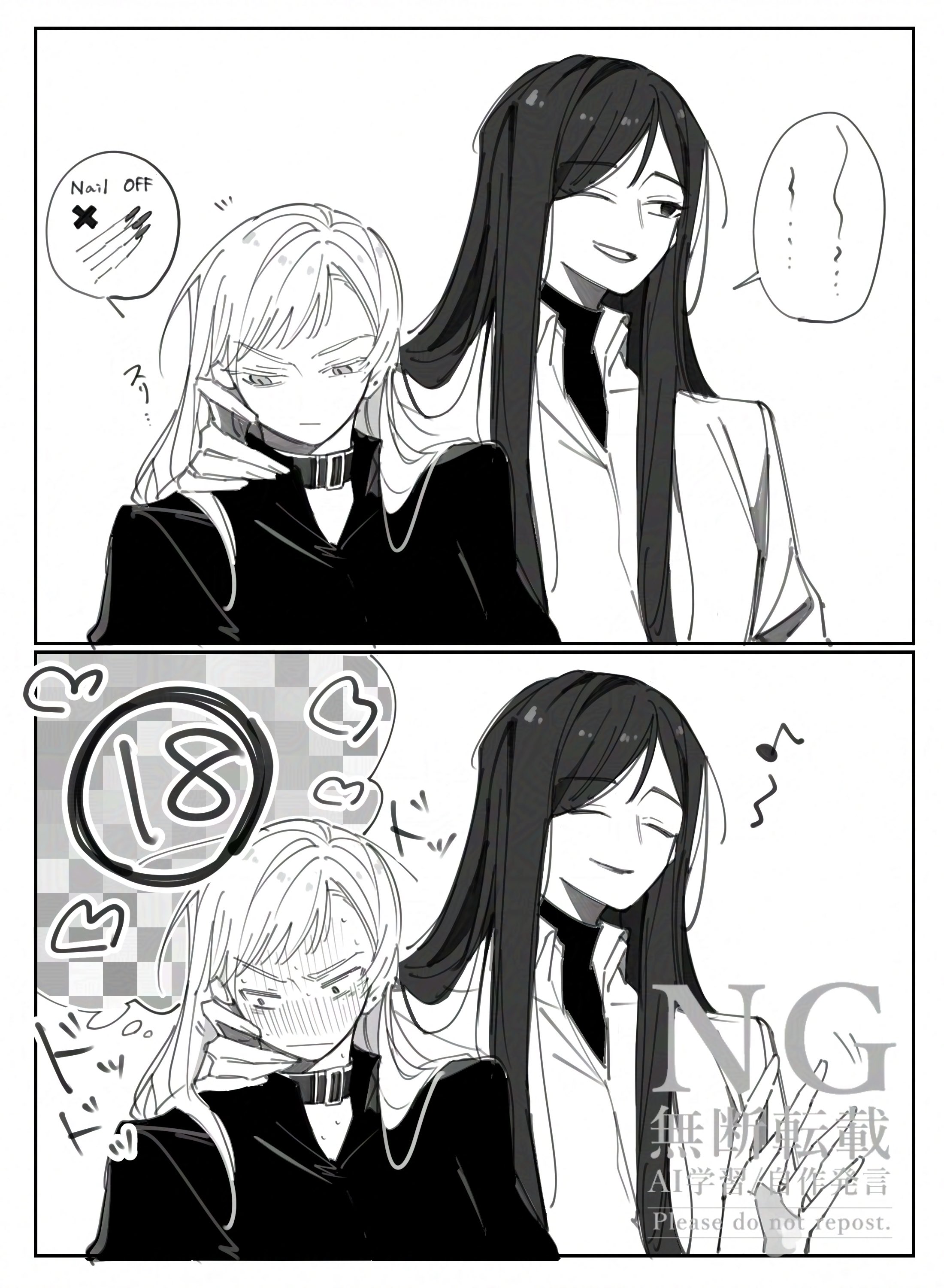 szm hattori01, original, absurdres, commentary request, highres, 2girls, blush, censored thought, closed eyes, collar, collared shirt, eighth note, greyscale, hand on another's neck, heart, long hair, monochrome, multiple girls, musical note, one eye closed, shirt, smile, speech bubble, sweat, watermark, yuri