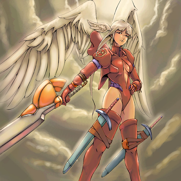 momigara (mmgrkmnk), nawashiro, ozzio, ultima (fft), final fantasy, final fantasy tactics, bad id, bad pixiv id, 1girl, angel wings, arm strap, blunt bangs, bodysuit, boots, breasts, cleavage, cleavage cutout, clothing cutout, cloud, emblem, female focus, from below, frown, gloves, groin, hand on own hip, head wings, highleg, highleg leotard, hip focus, holding, holding weapon, leotard, long hair, looking at viewer, medium breasts, multiple swords, outdoors, parted bangs, puffy sleeves, red eyes, red leotard, red thighhighs, sideboob, sky, solo, standing, sword, thigh boots, thigh strap, thighhighs, turtleneck, twintails, very long hair, weapon, white hair, wings, zipper