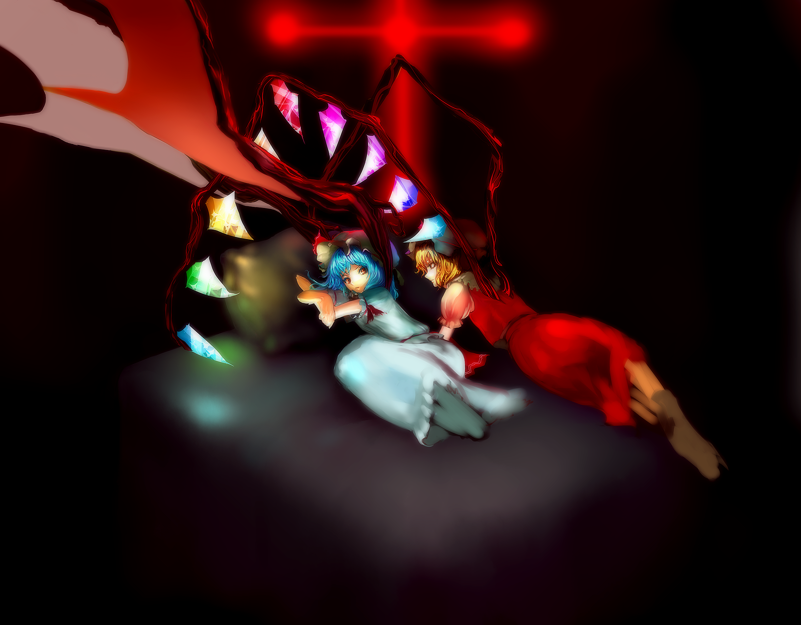 chirigami-san, flandre scarlet, remilia scarlet, touhou, bad id, bad pixiv id, highres, 2girls, barefoot, blonde hair, blue hair, colored eyelashes, crossed arms, eyelashes, female focus, hat, looking back, lying, multiple girls, red eyes, siblings, sisters, wings