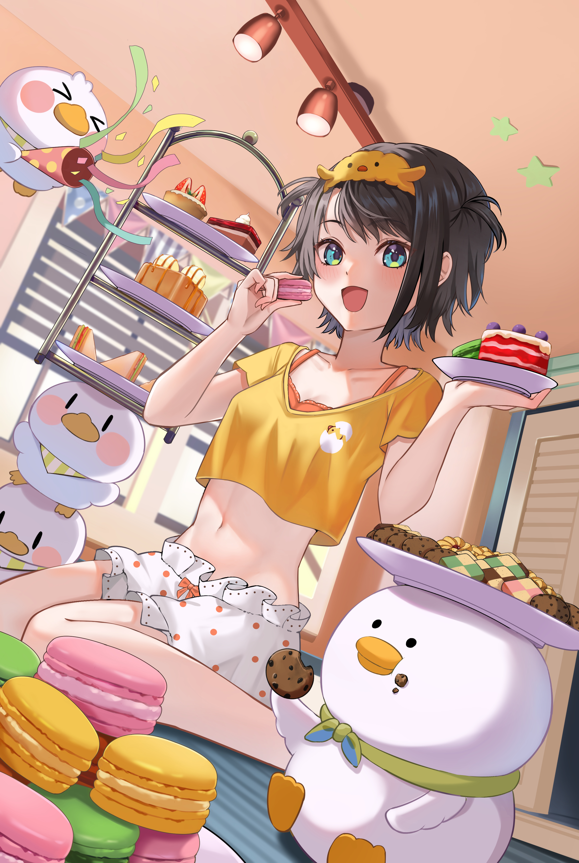 arenoyoni, oozora subaru, oozora subaru (loungewear), hololive, absurdres, highres, 1girl, black hair, blush, cake, collarbone, food, hairband, holding, holding macaron, kitchen, looking at viewer, macaron, navel, official alternate costume, open mouth, shirt, short hair, sitting, smile, solo, swept bangs, tiered tray, two side up, virtual youtuber, yellow shirt