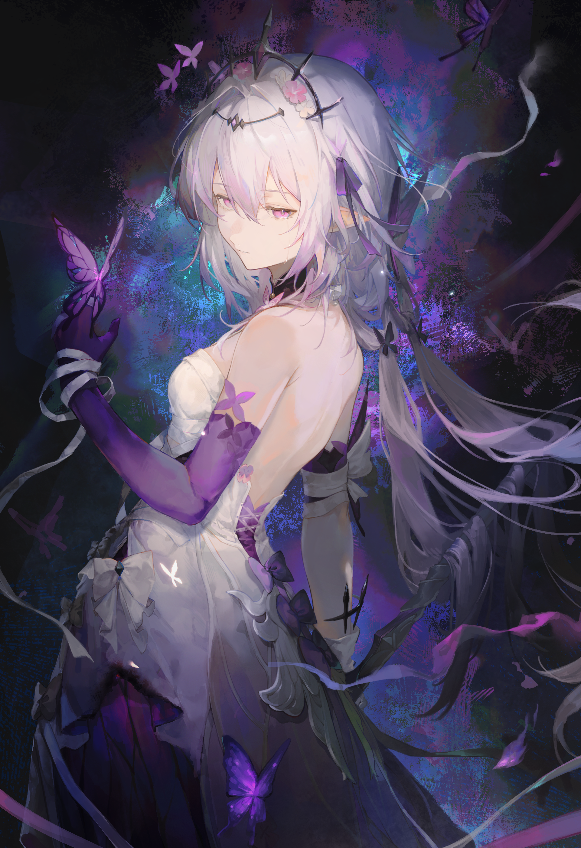 laz (ackf3885), castorice (honkai: star rail), honkai: star rail, honkai (series), absurdres, highres, 1girl, asymmetrical gloves, back, black tiara, bright pupils, dress, elbow gloves, gloves, hair between eyes, hair intakes, half-closed eyes, hand up, long hair, looking at viewer, mismatched gloves, parted lips, purple eyes, purple gloves, purple hair, solo, teeth, tiara, turning head, white dress, white pupils