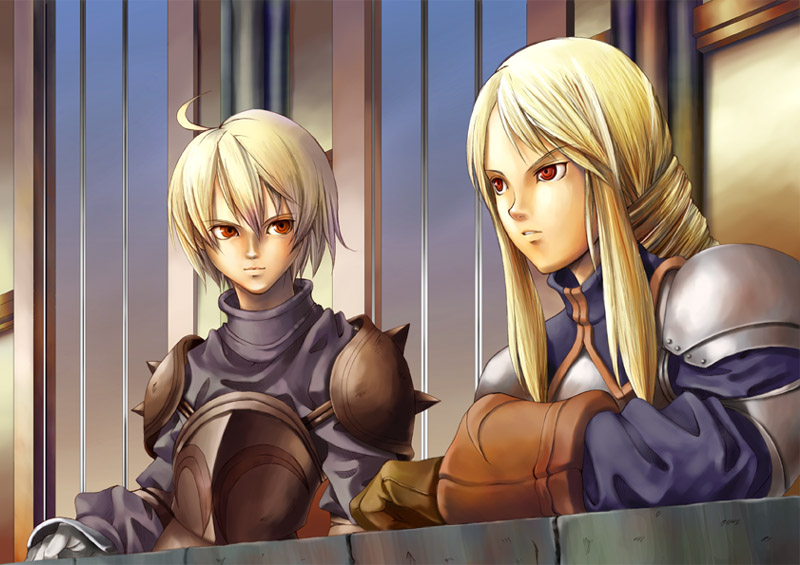 akisawa machi, agrias oaks, ramza beoulve, final fantasy, final fantasy tactics, ahoge, armor, blonde hair, braid, gloves, knight, long hair, red eyes, single braid, spikes