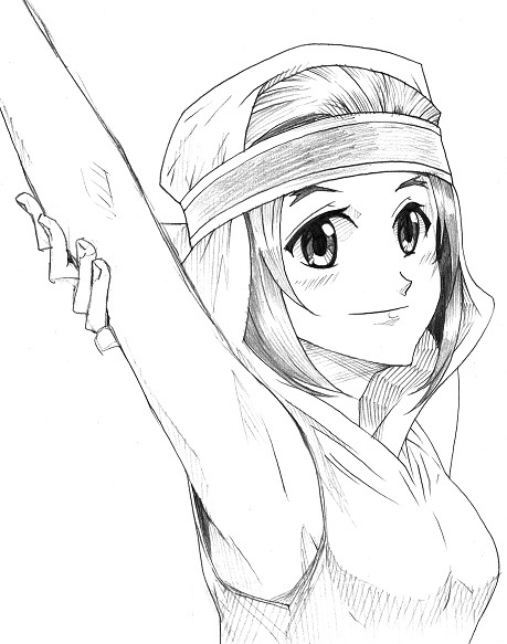 kamuiduru, rapha galthena, final fantasy, final fantasy tactics, 1girl, armpits, blush, female focus, greyscale, headband, hood, monochrome, simple background, solo
