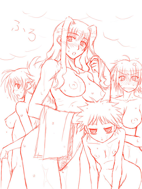ichimedoo, nove (nanoha), numbers (nanoha), otto (nanoha), uno (nanoha), wendi (nanoha), lyrical nanoha, mahou shoujo lyrical nanoha, mahou shoujo lyrical nanoha strikers, 00s, 4girls, breasts, embarrassed, monochrome, multiple girls, nipples, nude, towel