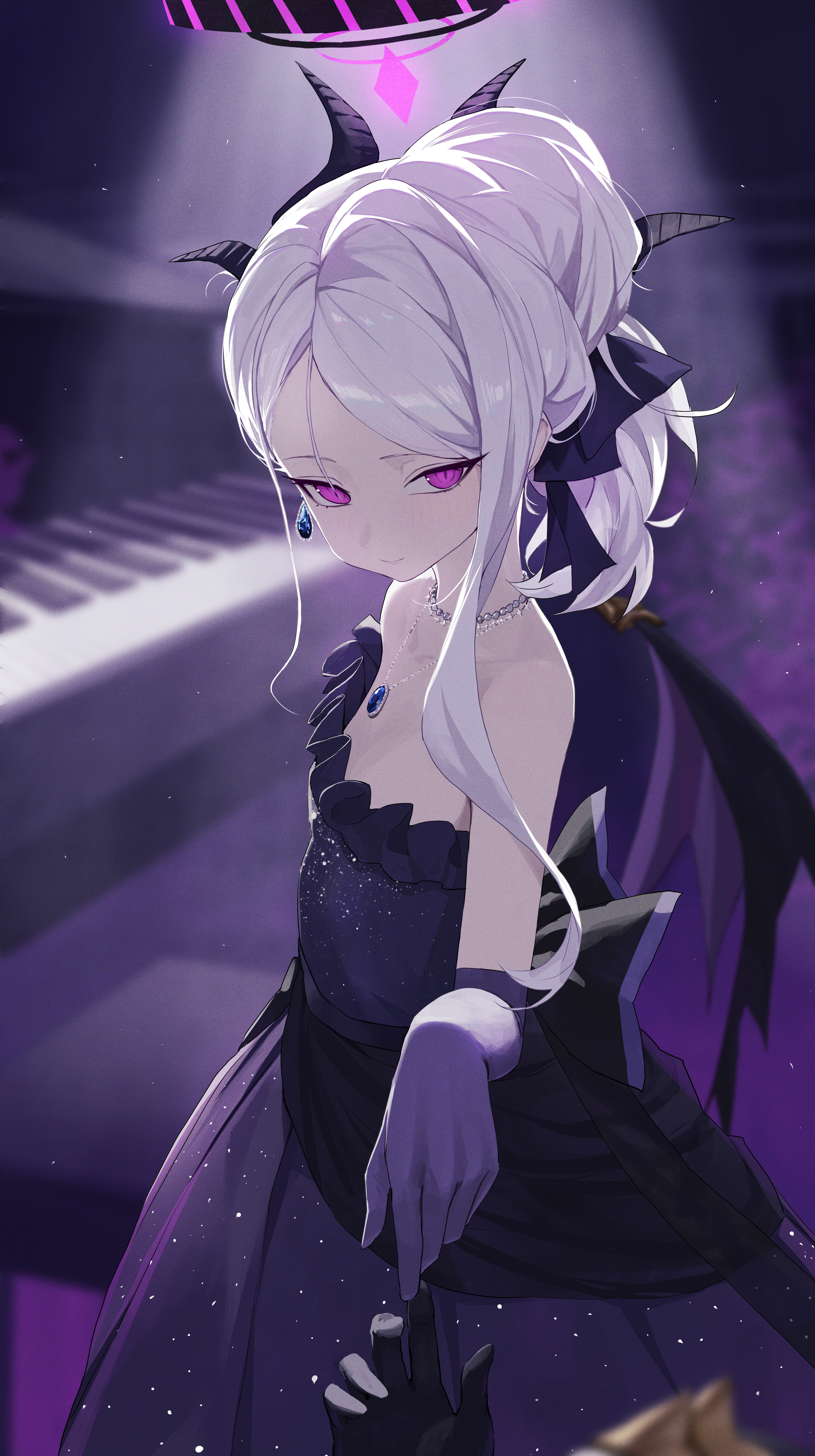 re naya, hina (blue archive), hina (dress) (blue archive), blue archive, absurdres, highres, bead choker, beads, demon girl, demon horns, demon wings, dress, earrings, elbow gloves, from side, gloves, grey hair, halo, horns, jewelry, long hair, looking at viewer, necklace, official alternate costume, official alternate hairstyle, ponytail, purple dress, purple eyes, purple gloves, purple halo, sidelocks, wings