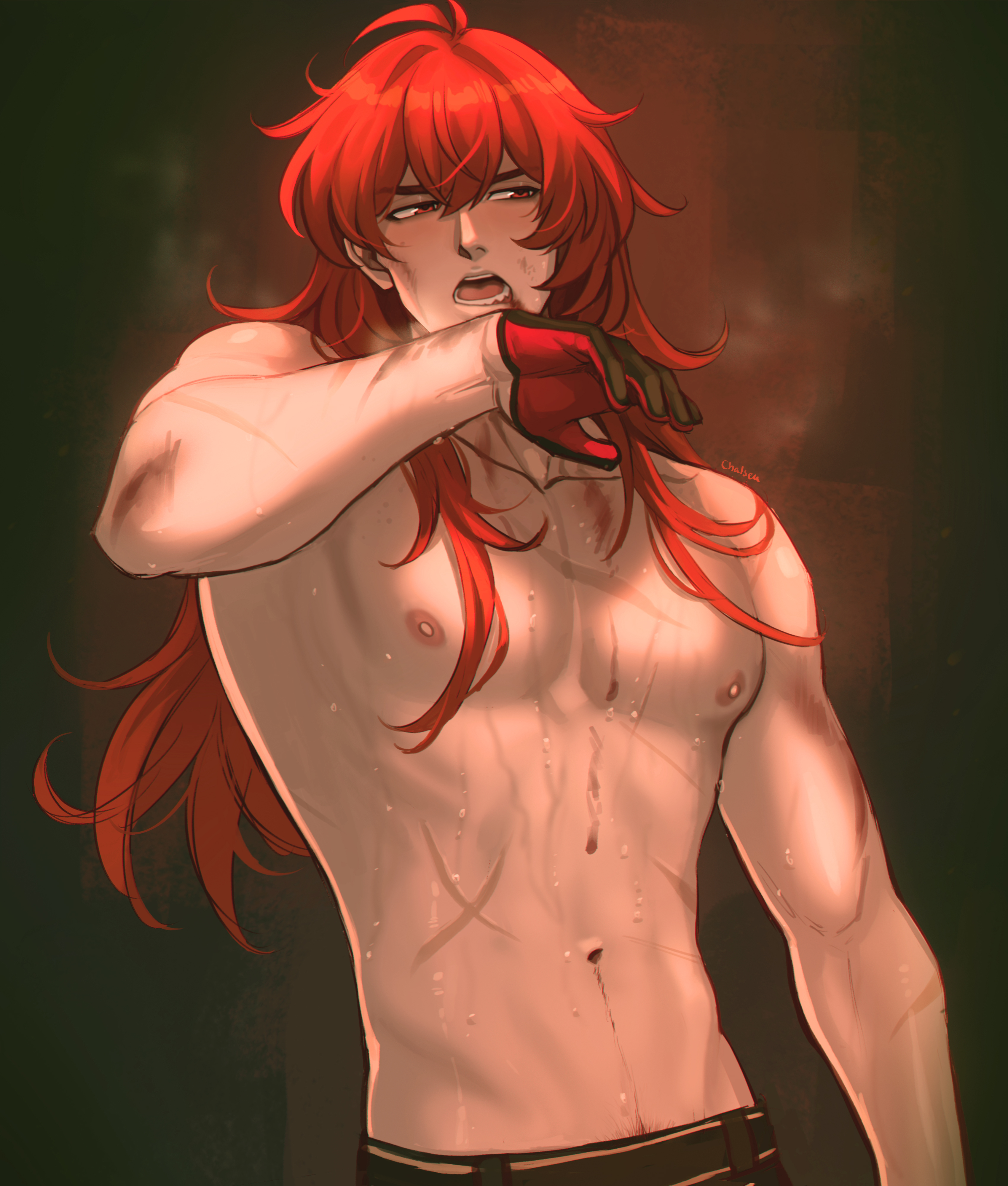 chalseu, diluc (genshin impact), genshin impact, absurdres, commentary, english commentary, highres, 1boy, artist name, biceps, blood, blood from mouth, collarbone, gloves, hair between eyes, long hair, male focus, navel, navel hair, nipples, open mouth, pectorals, red eyes, red hair, red pubic hair, scar, scar on arm, scar on chest, scar on stomach, solo, sweat, teeth, toned, toned male, tongue, topless male, topless other, upper body