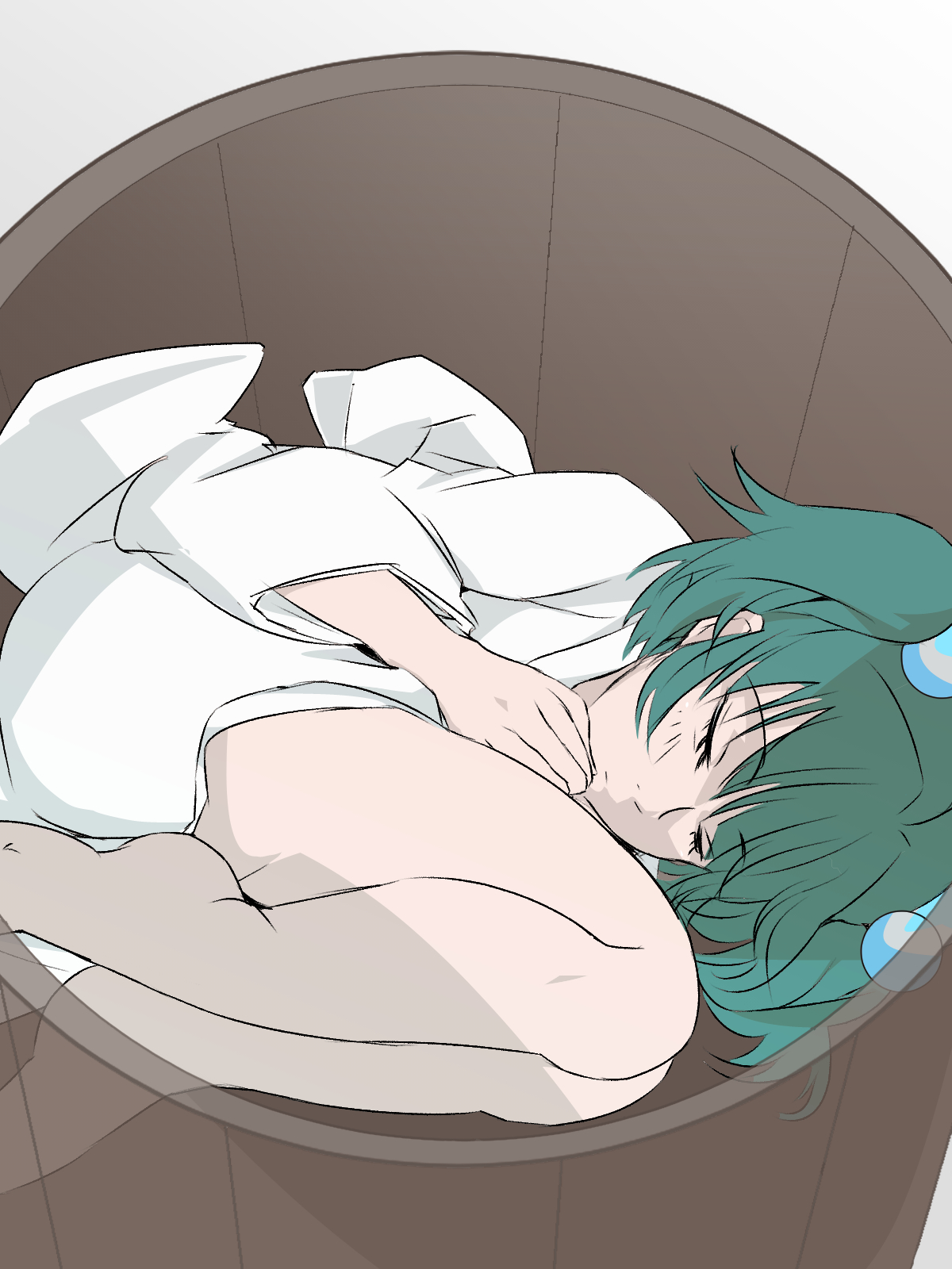 akira creative, kisume, touhou, commentary request, highres, 1girl, barefoot, beads, bucket, closed eyes, curled up, fetal position, full body, green hair, hair beads, hair ornament, in bucket, in container, japanese clothes, kimono, knees, long sleeves, lying, on side, one-hour drawing challenge, solo, thighs, white background, white kimono, x-ray