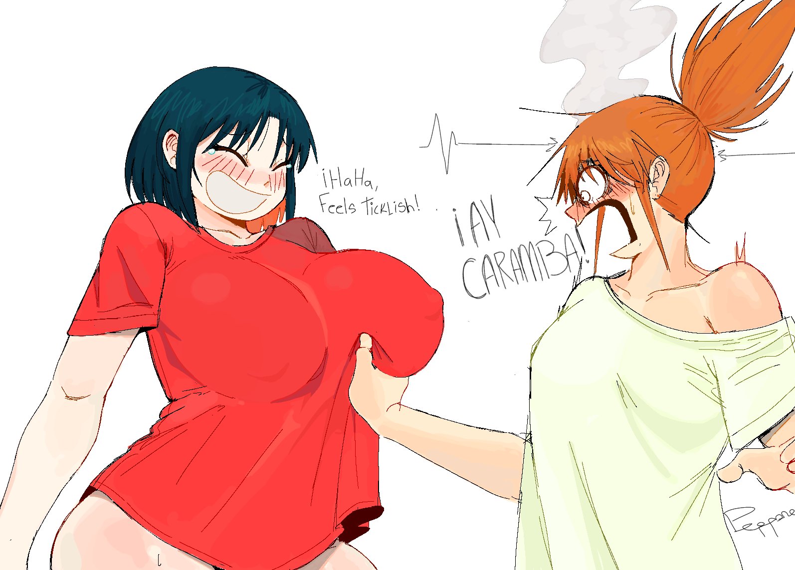 pepponeppo, izumi wako, nagumo midori, city (arawi keiichi), blank eyes, blue hair, blush, bottomless, breasts, covered erect nipples, english text, grabbing another's breast, groping, large breasts, laughing, loose clothes, loose shirt, open mouth, orange hair, oversized clothes, red shirt, shirt, short hair, signature, simple background, smile, smoke, surprised, tearing up, white shirt