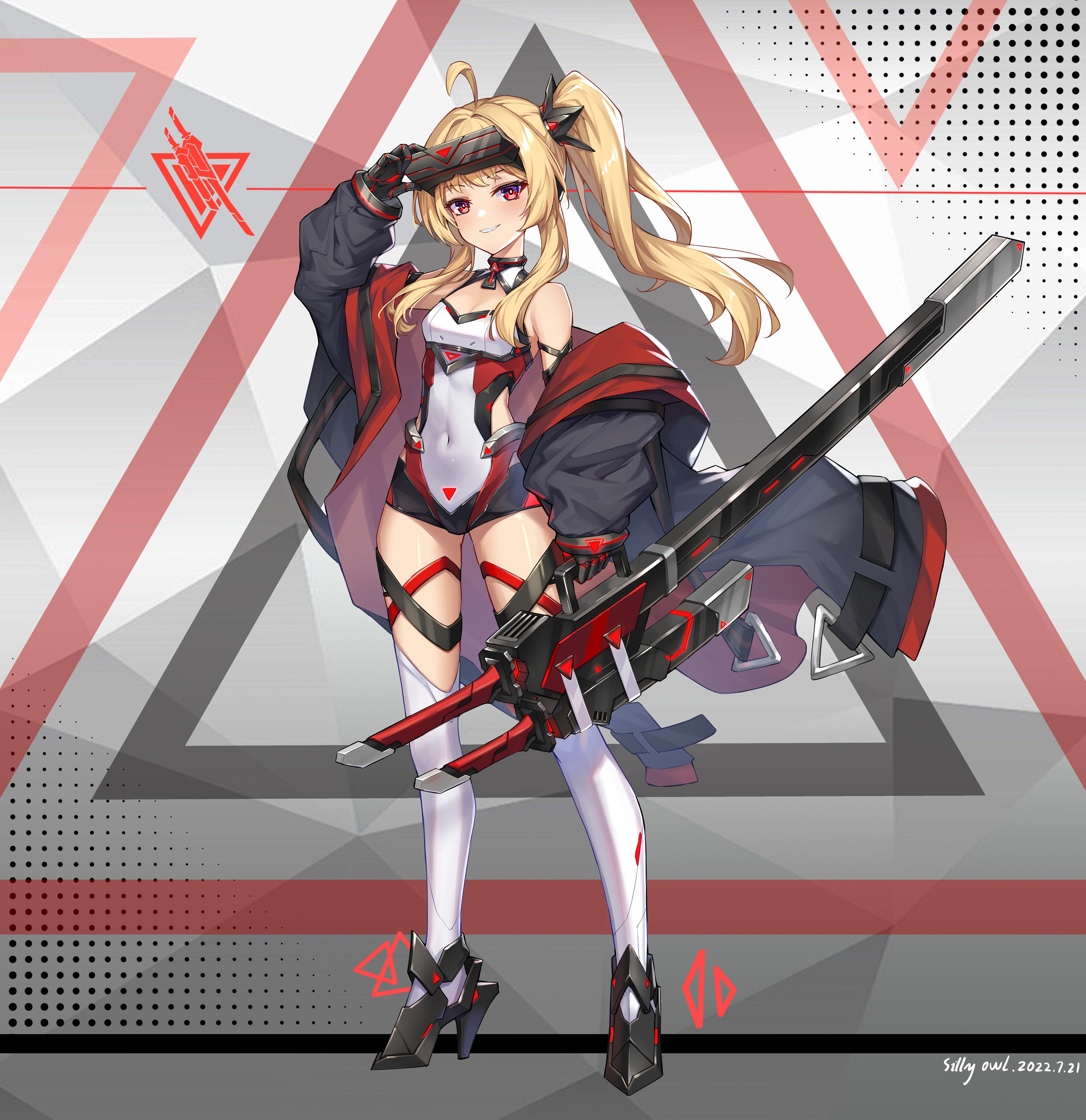 shaoxiao, original, absurdres, chinese commentary, commentary, highres, 1girl, ahoge, bare shoulders, black gloves, black jacket, black shoes, black shorts, black thighhighs, blonde hair, breasts, cleavage, covered navel, dated, full body, gloves, grin, gun, headgear, high heels, holding, holding gun, holding weapon, jacket, long hair, long sleeves, looking at viewer, micro shorts, off shoulder, open clothes, open jacket, red eyes, shirt, shoes, shorts, side ponytail, signature, sleeveless, sleeveless shirt, smile, solo, standing, thighhighs, weapon, white shirt, white thighhighs