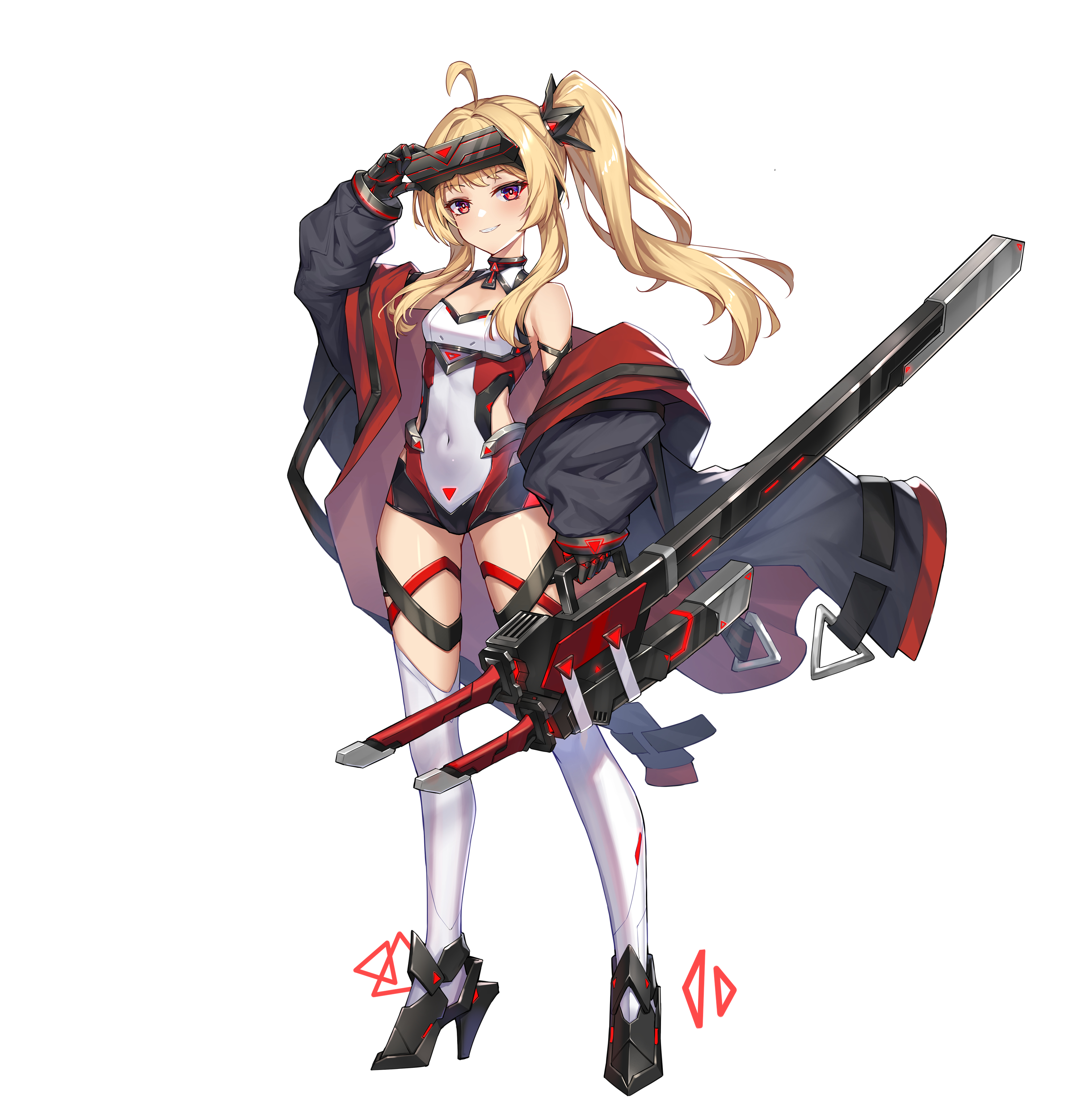 shaoxiao, original, absurdres, chinese commentary, commentary, highres, 1girl, ahoge, bare shoulders, black gloves, black jacket, black shoes, black shorts, black thighhighs, blonde hair, breasts, cleavage, covered navel, full body, gloves, grin, gun, headgear, high heels, holding, holding gun, holding weapon, jacket, long hair, long sleeves, looking at viewer, micro shorts, off shoulder, open clothes, open jacket, red eyes, shirt, shoes, shorts, side ponytail, simple background, sleeveless, sleeveless shirt, smile, solo, standing, thighhighs, weapon, white background, white shirt, white thighhighs