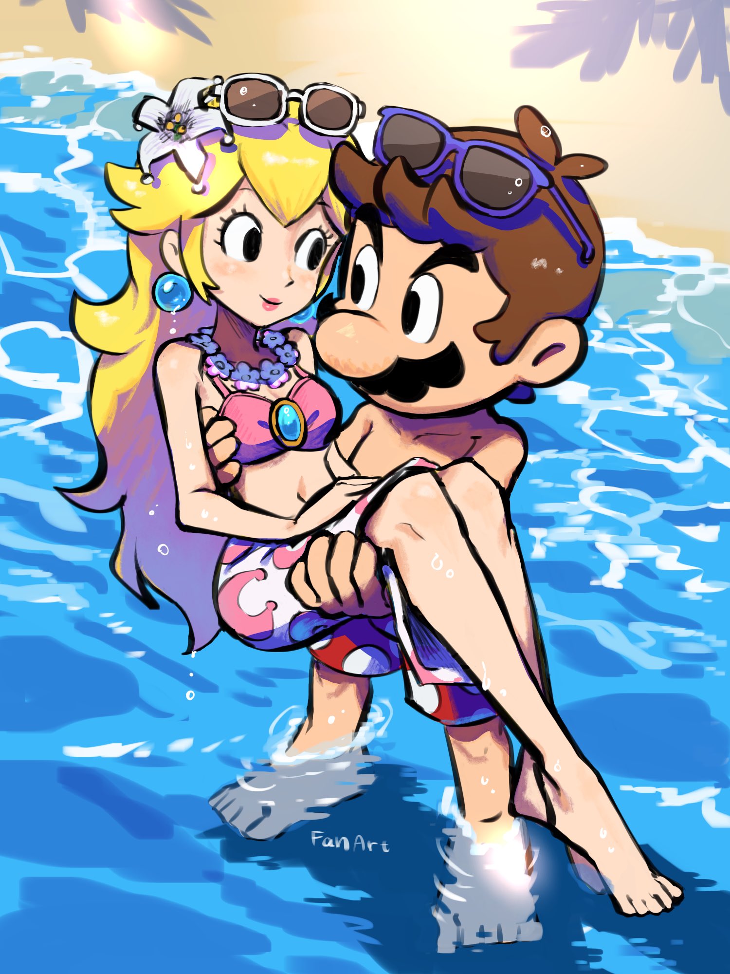 yamari (ya mari 6363), mario, princess peach, mario (series), nintendo, highres, 1boy, 1girl, barefoot, beach, black eyes, blonde hair, breasts, brown hair, closed mouth, collarbone, earrings, eyewear on head, facial hair, flower, full body, hair flower, hair ornament, jewelry, long hair, medium breasts, mustache, navel, ocean, short hair, smile, standing, sunglasses, swimsuit, water, white flower