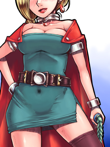 misonou hirokichi, bianca (dq5), dragon quest, dragon quest v, square enix, 1girl, :d, armlet, belt, blonde hair, blush, bracelet, braid, breasts, brown thighhighs, cape, cleavage, covered navel, dress, earrings, female focus, gem, glint, gradient background, hand on own hip, head out of frame, hip focus, holding, jewelry, large breasts, lipstick, long hair, looking at viewer, makeup, naughty face, neck ring, open mouth, pendant, short dress, side slit, single braid, skin tight, smile, solo, standing, thighhighs, weapon, whip, wide hips, zettai ryouiki