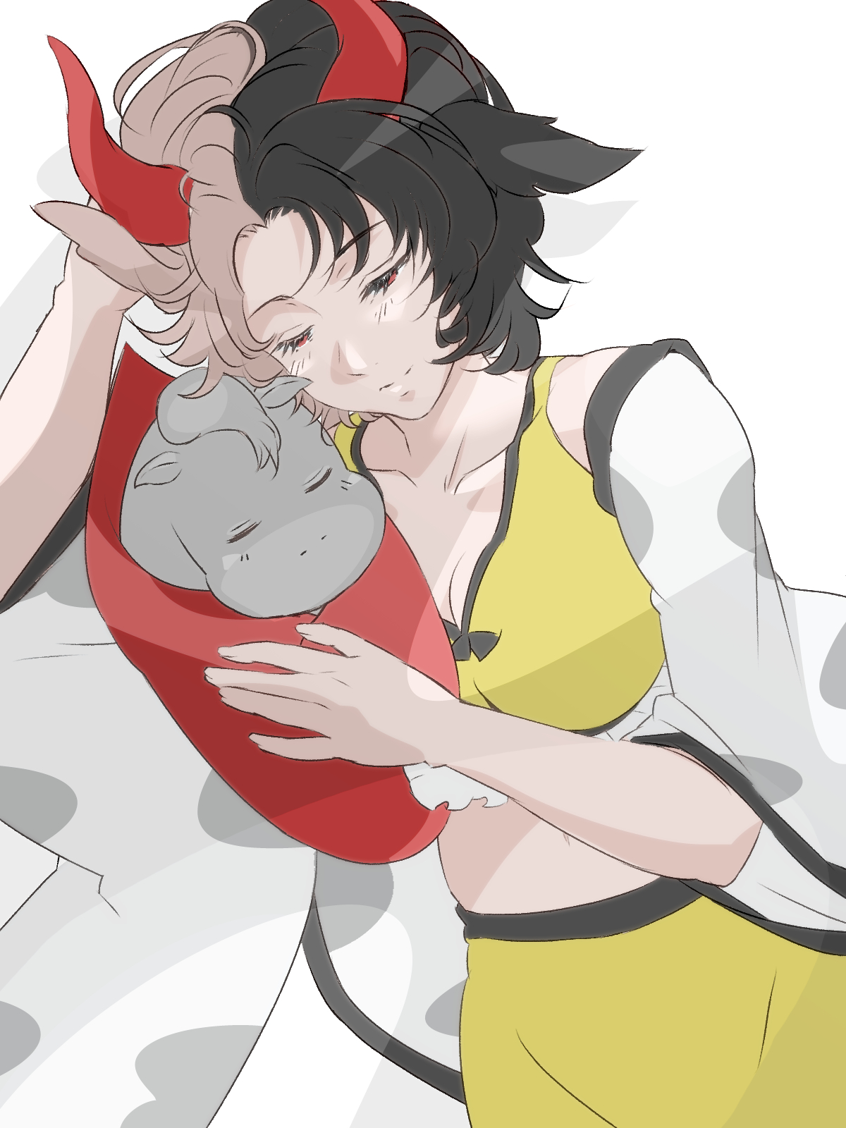 akira creative, ushizaki urumi, touhou, commentary request, highres, 1girl, animal ears, black hair, blush, bra, breasts, cleavage, closed eyes, closed mouth, collarbone, cow ears, cow girl, cow print sleeves, cowboy shot, detached sleeves, frilled bra, frills, grey hair, grey sleeves, half-closed eyes, hand in own hair, holding, holding rock, horns, large breasts, midriff, multicolored hair, navel, one-hour drawing challenge, red eyes, red horns, rock, skirt, solo, sports bra, two-tone hair, underwear, white background, yellow skirt, yellow sports bra