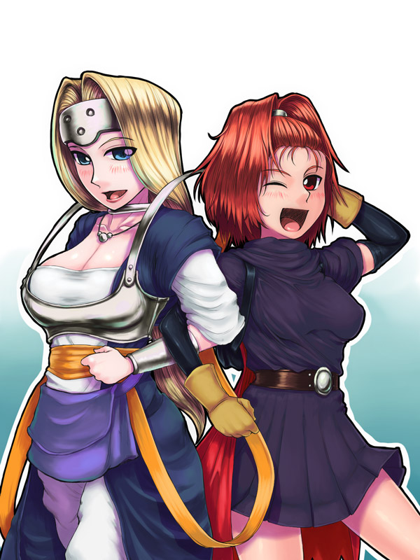 misonou hirokichi, barbara (dq6), mireyu, dragon quest, dragon quest vi, square enix, 2girls, blonde hair, blue eyes, blush, breasts, cape, circlet, cleavage, female focus, hat, high ponytail, long hair, multiple girls, one eye closed, ponytail, red eyes, red hair, tiara, wink