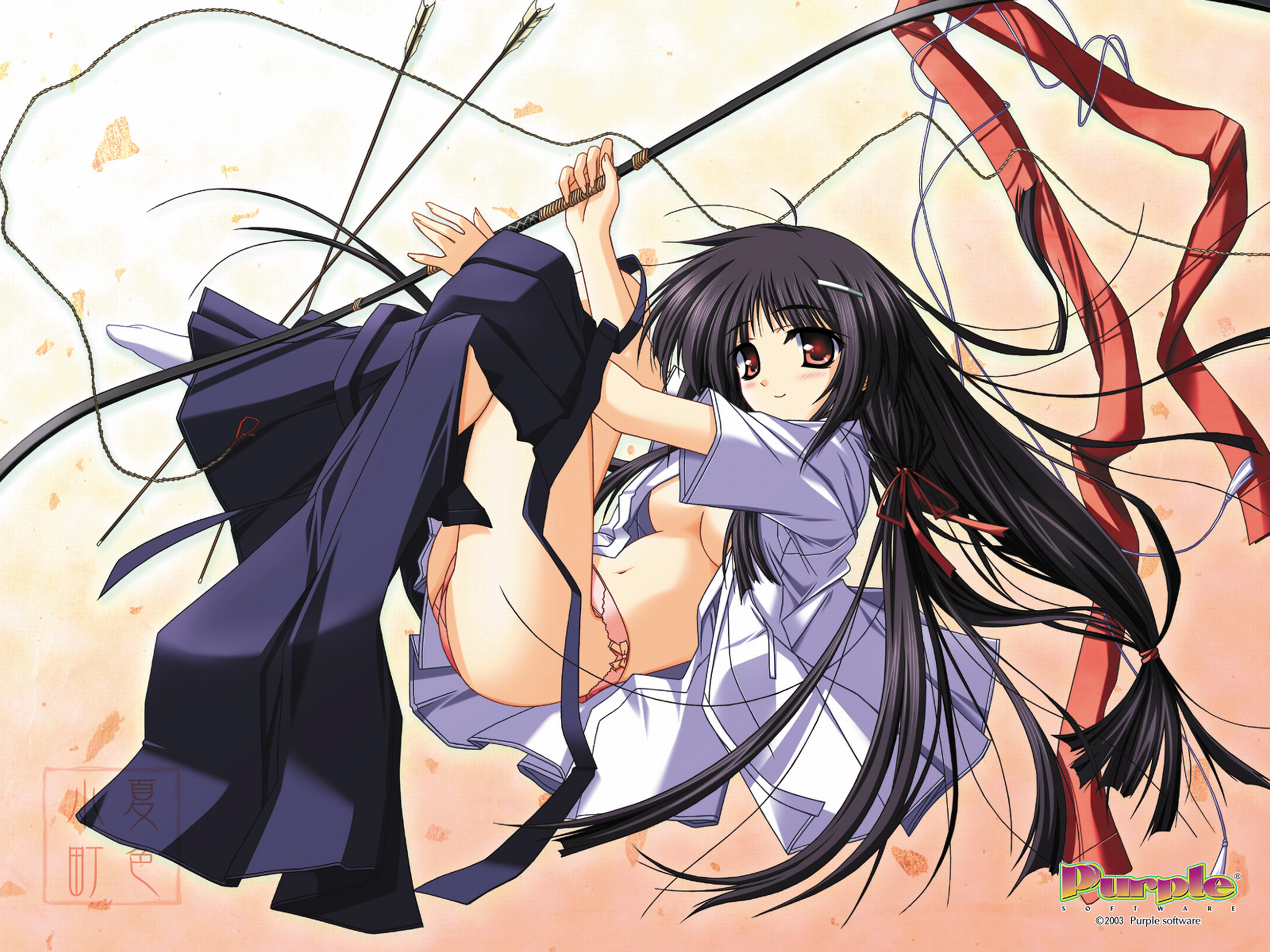 tsukimori hiro, ariga mikoto, natsuiro komachi, purple software, highres, 00s, 1girl, 2003, arrow (projectile), black hair, blush, bow (weapon), female focus, hair ribbon, hakama, hakama skirt, japanese clothes, lace, lace-trimmed panties, lace trim, open clothes, open shirt, open skirt, panties, red eyes, ribbon, shirt, skirt, smile, solo, tabi, underwear, undressing, weapon
