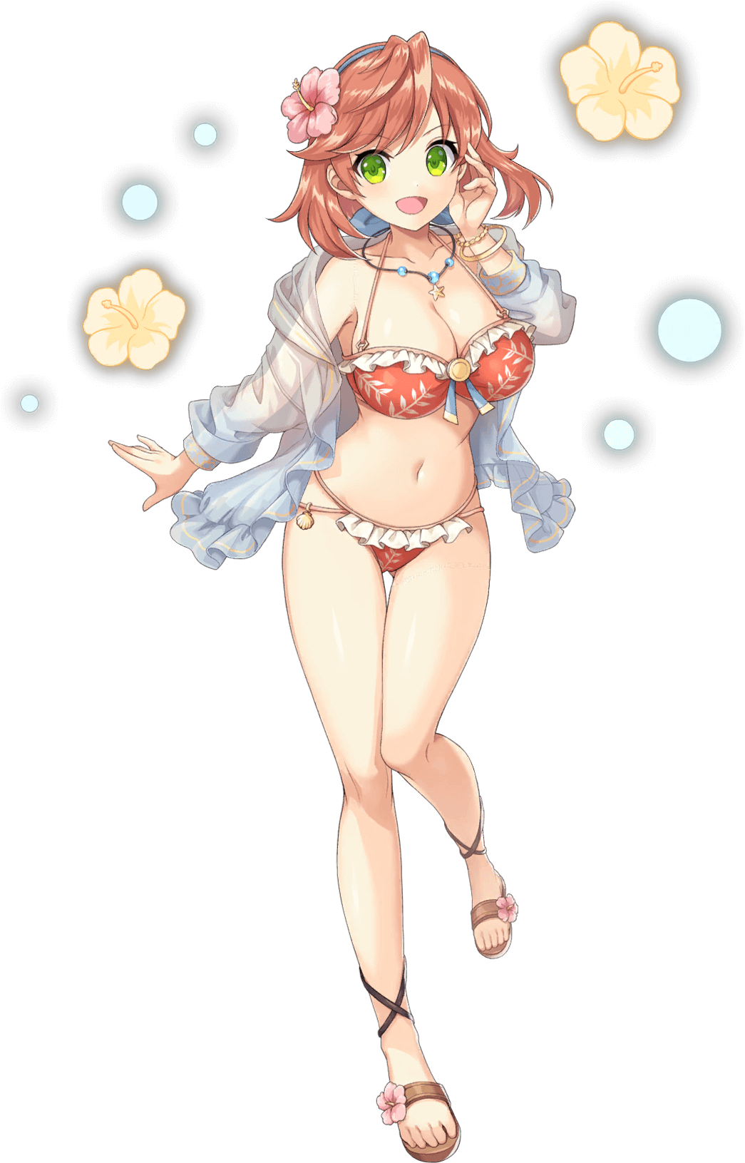 katia (legend clover), legend clover, artist request, game cg, highres, official art, third-party source, 1girl, bare legs, bare shoulders, bracelet, breasts, cleavage, floral print, flower, footwear flower, full body, green eyes, hair flower, hair ornament, hand in own hair, headband, jewelry, navel, necklace, official alternate costume, open mouth, seashell, shell, short hair, solo, swimsuit, transparent background