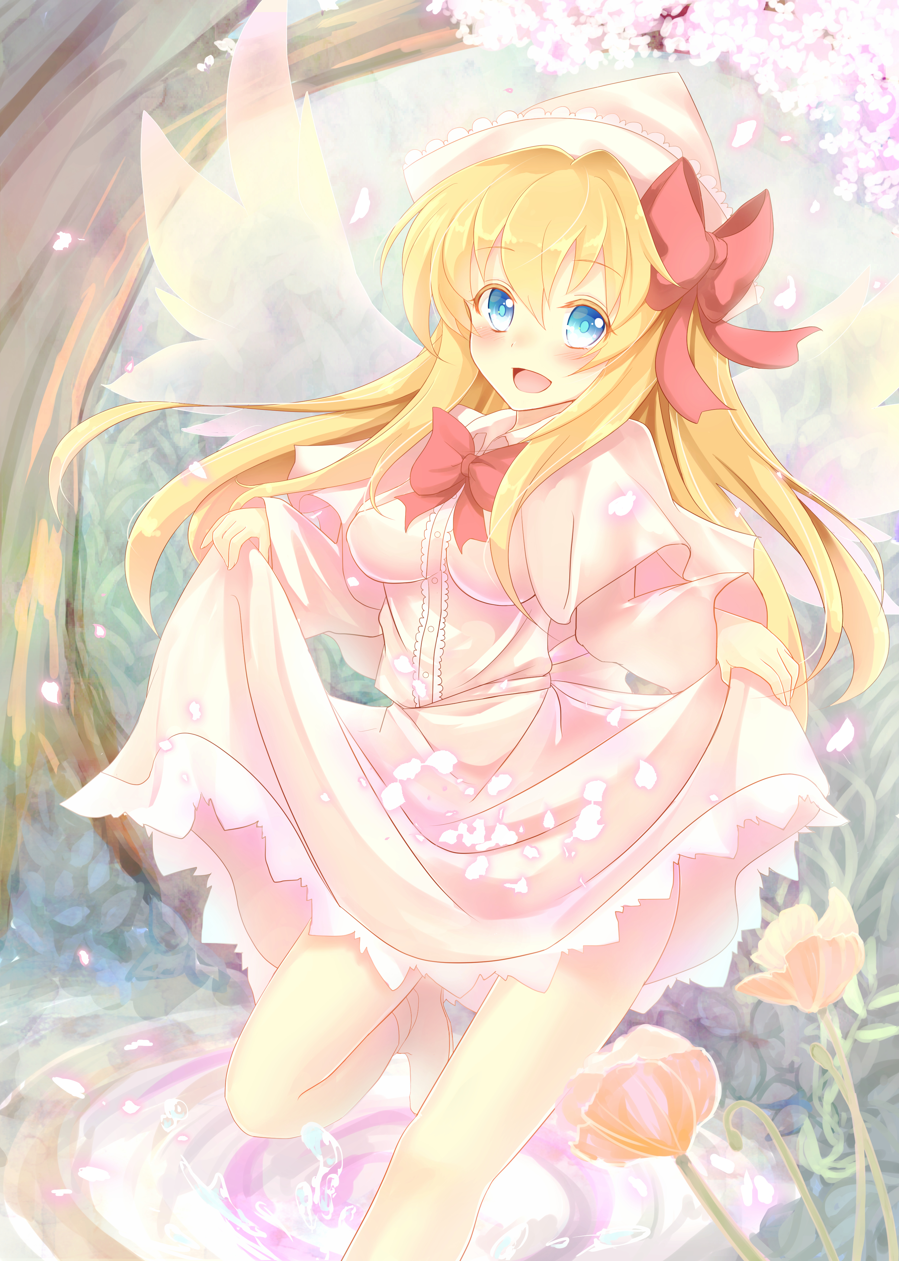 erihiro, lily white, touhou, absurdres, commentary request, highres, 1girl, :d, blonde hair, blue eyes, blush, bow, bowtie, breasts, capelet, cherry blossoms, colored eyelashes, fairy, fairy wings, falling petals, flower, foliage, foot out of frame, frilled skirt, frills, glowing, glowing petals, grass, hair bow, hat, long hair, long sleeves, looking at viewer, medium breasts, open mouth, orange flower, petals, pink capelet, pink hat, pink petals, pink shirt, pink skirt, red bow, red bowtie, ripples, shirt, shoes, skirt, skirt hold, smile, solo, thighs, tree, white shoes, wings