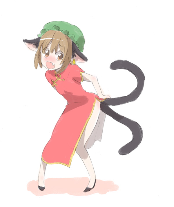 mokeo, chen, touhou, 1girl, animal ears, blush, brown eyes, brown hair, cat ears, cat girl, cat tail, china dress, chinese clothes, dress, earrings, embarrassed, fang, female focus, full body, hair bun, hat, jewelry, mob cap, multiple tails, short hair, side slit, simple background, single hair bun, solo, tail, white background