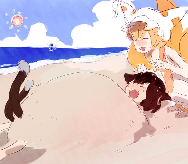 chen, cirno, yakumo ran, touhou, 3girls, animal ears, animal hat, beach, blonde hair, brown hair, cat ears, cat girl, cat tail, day, earrings, fang, female focus, happy, hat, jewelry, mob cap, multiple girls, multiple tails, sand, short hair, tail, tassel