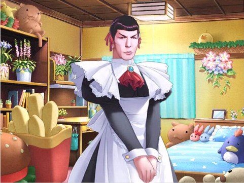 leonard nimoy, mr. spock, spock, star trek, star trek: the original series, suigetsu, lowres, third-party edit, 1960s (style), 1boy, bed, burger, crossdressing, crossdressing (mtf), flower, food, french fries, maid, male focus, male maid, moe (phrase), oldschool, parody, retro artstyle, room, science fiction, solo, stuffed animal, stuffed toy, what