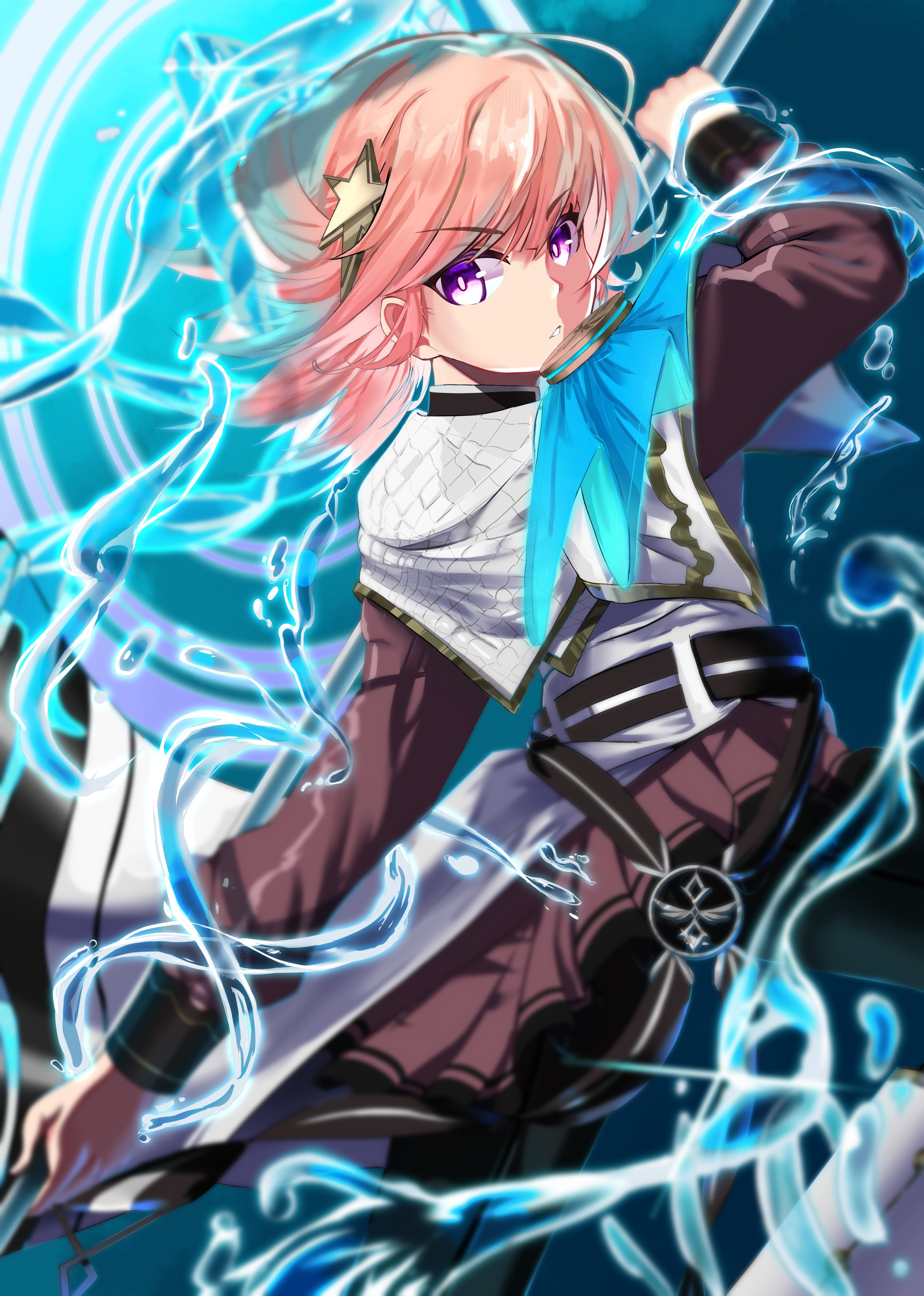 hal-fox, exosister stella, yu-gi-oh!, absurdres, highres, 1girl, belt, boots, duel monster, exosister kaspitell, hair ornament, holding, holding polearm, holding weapon, long sleeves, pink hair, polearm, purple eyes, skirt, solo, star (symbol), star hair ornament, weapon, white boots