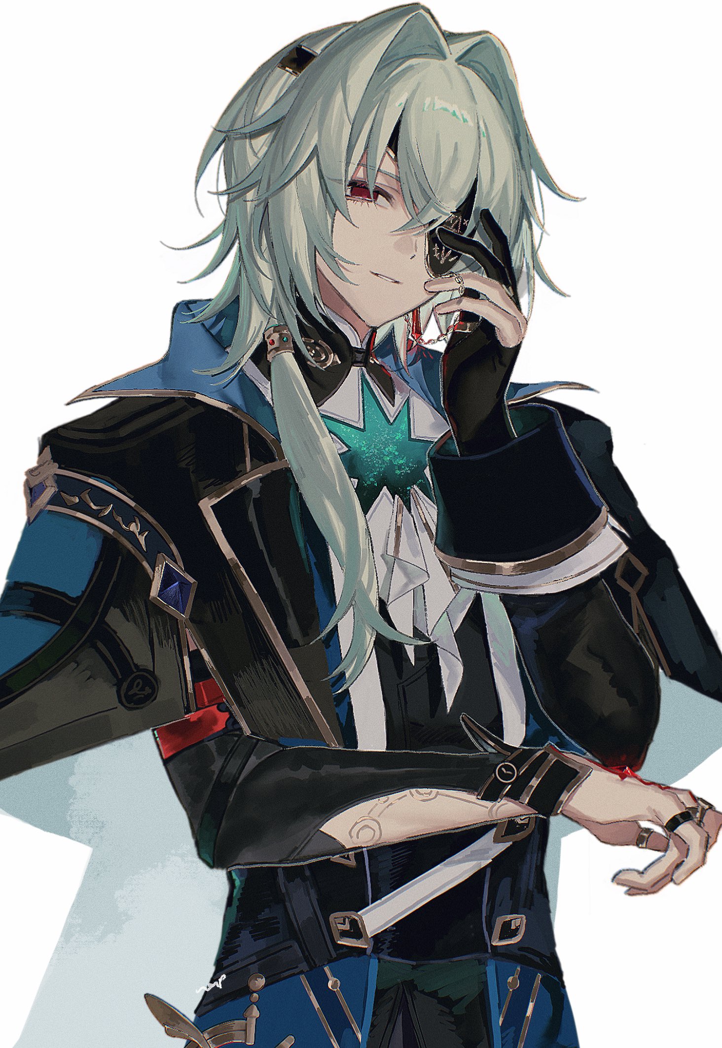 anaxa (honkai: star rail), honkai: star rail, honkai (series), highres, 1boy, aqua hair, ascot, black gloves, black jacket, chain, earrings, eyepatch, gem, gloves, hair between eyes, hair intakes, half-closed eyes, hand tattoo, hand up, jacket, jewelry, lapels, looking at viewer, male focus, mandarin collar, medium hair, notched lapels, one eye covered, partially fingerless gloves, red eyes, red gemstone, red tattoo, shadow, shirt, side ponytail, simple background, single earring, smirk, solo, tattoo, teeth, upper body, white ascot, white background, white shirt, zv0301