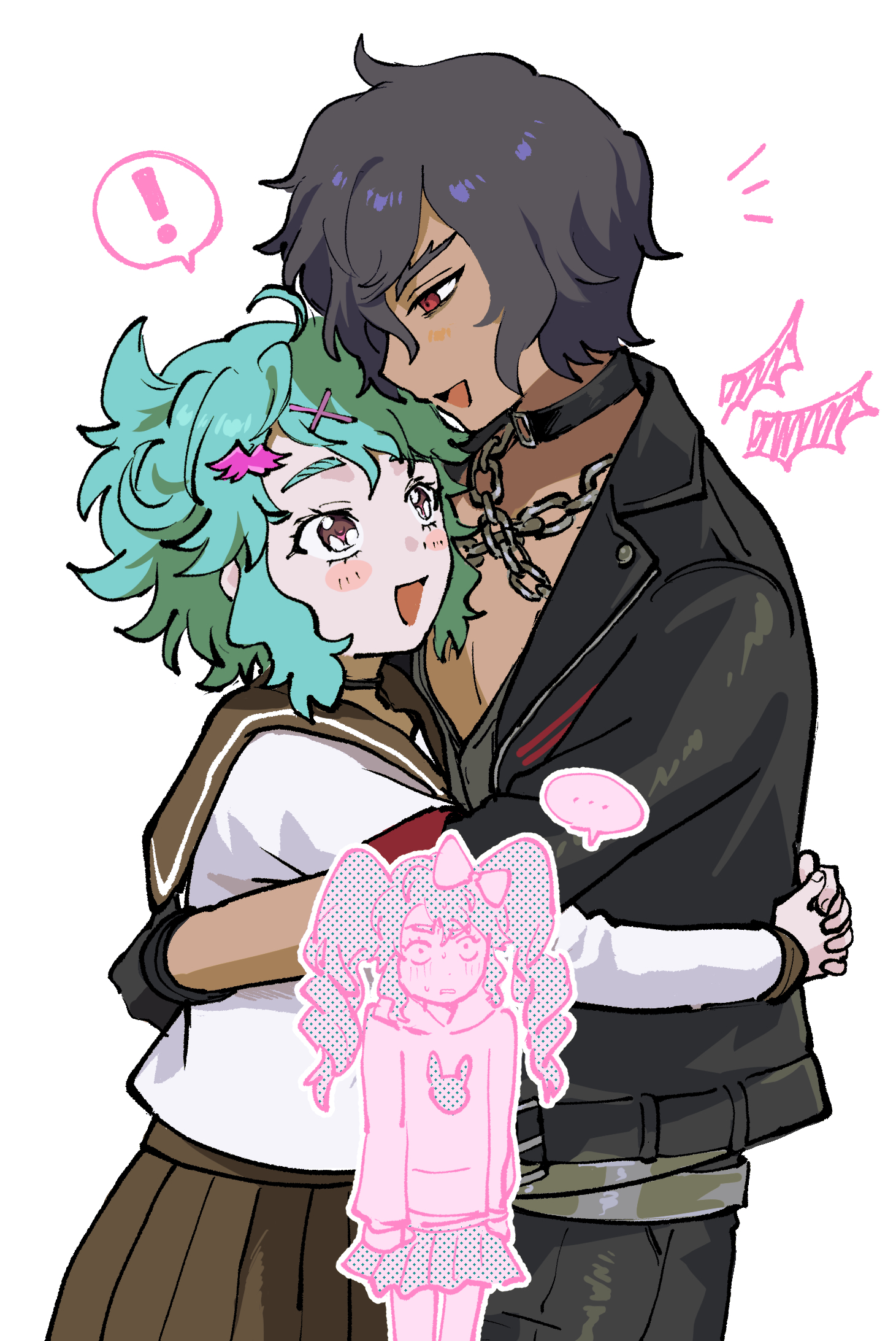 katasumi amari, katasumi amari (normal), pretty series, pripara, commentary request, highres, !, …, 1boy, 1girl, :d, black hair, black jacket, blush, brown skirt, collared shirt, constricted pupils, dark-skinned male, dark skin, drill hair, green hair, hair ornament, hair over one eye, hairclip, hug, idol land pripara, interlocked fingers, jacket, jibakuneko, leather, leather jacket, long sleeves, looking at another, mario (pripara), messy hair, notice lines, open mouth, own hands together, pleated skirt, red eyes, school uniform, serafuku, shirt, short hair, simple background, skirt, smile, spoken ellipsis, spoken exclamation mark, standing, surprised, twin drills, twintails, white background, white shirt, wide-eyed, x hair ornament
