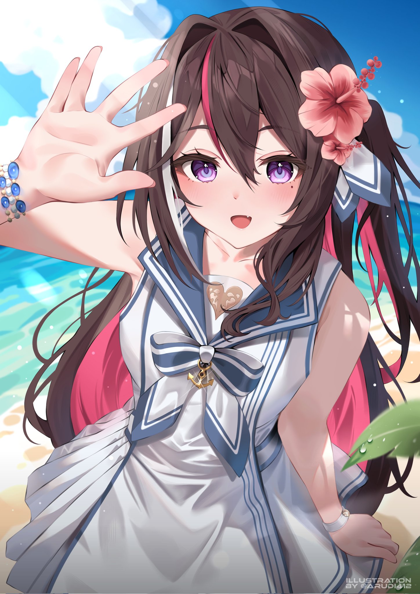 arudi412, azki (hololive), azki (holonatsu paradise) (hololive), hololive, holonatsu paradise, highres, 0th generation (hololive), flower hairpin, multicolored hair, pink hair, virtual youtuber