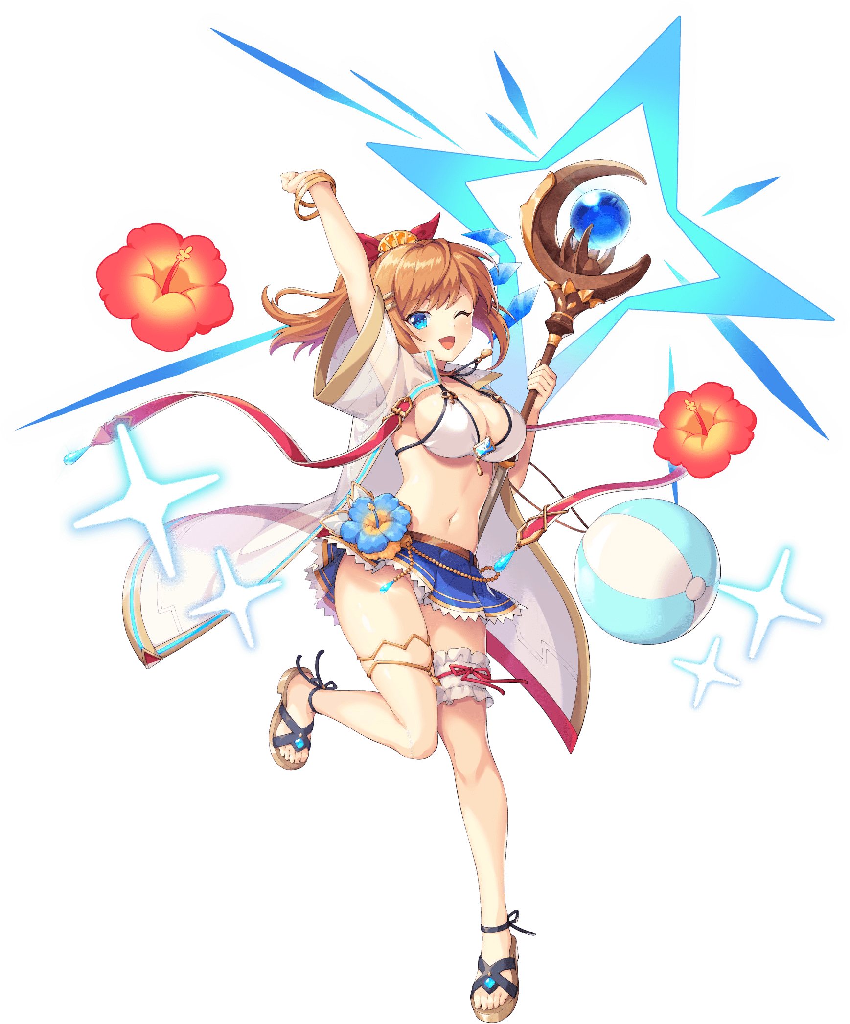kamihime project, legend clover, artist request, game cg, highres, official art, third-party source, 1girl, alyssa (kamihime project), arm up, ball, bare legs, beachball, blue eyes, breasts, brown hair, cleavage, flower, four-pointed star, full body, groin, holding, holding staff, microskirt, one eye closed, open mouth, panties, ponytail, sandals, short sleeves, sideboob, skirt, solo, staff, standing, standing on one leg, transparent background, underwear, white panties