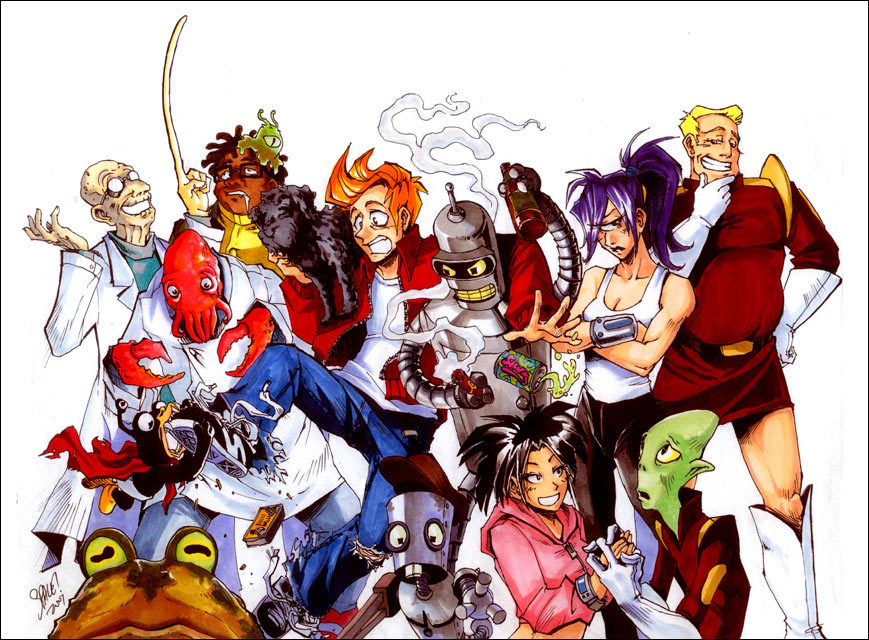 nina matsumoto, amy wong, bender bending rodriguez, brain slug, hermes conrad, hubert j farnsworth, hypnotoad, john a zoidberg, kif l kroker, nibbler, philip j fry, seymour asses, tinny tim, toad (mario), turanga leela, zapp brannigan, futurama, eyebrows, duplicate, non-web source, 2girls, 6+boys, alien, animification, black hair, blonde hair, bottle, can, cigar, claws, colored sclera, colored skin, crossed arms, cyclops, dark-skinned male, dark skin, everyone, glasses, gloves, green sclera, green skin, humanoid robot, index finger raised, long finger, mexico, multiple boys, multiple girls, old, old man, one-eyed, orange hair, pants, ponytail, purple hair, robot, saliva, science fiction, shoelaces, simple background, smoke, teeth, television, torn clothes, white background, white gloves, yellow sclera