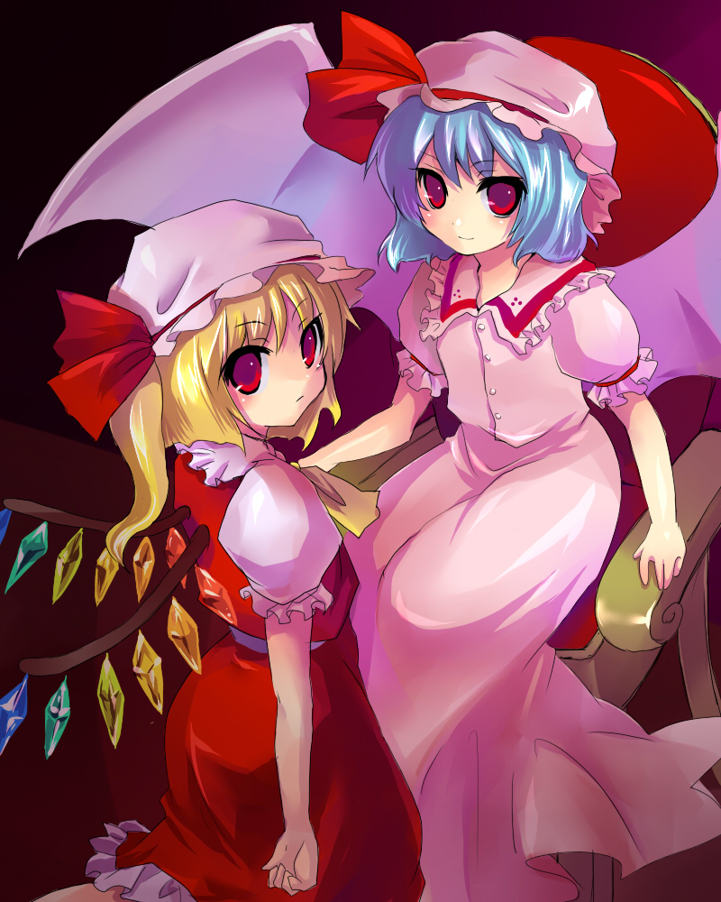 kobanzame, flandre scarlet, remilia scarlet, touhou, bad id, bad pixiv id, 2girls, dress, female focus, gradient background, hat, mob cap, multiple girls, pink hat, siblings, sisters, skirt, wings