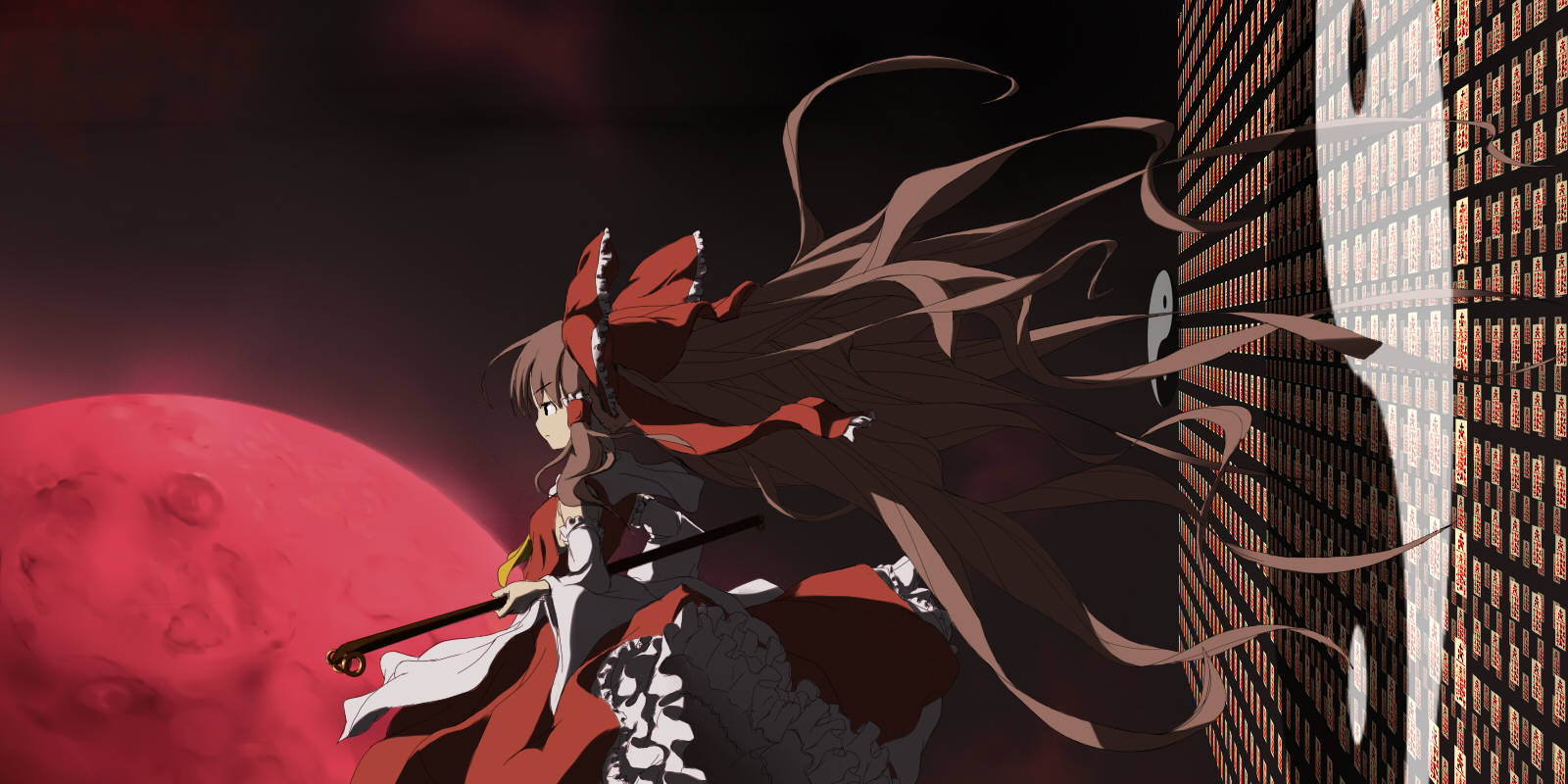 chiyo (pixiv40048), hakurei reimu, touhou, highres, long image, wide image, 1girl, danmaku, female focus, hair ribbon, long hair, moon, ofuda, red moon, ribbon, solo, very long hair, wind, yin yang