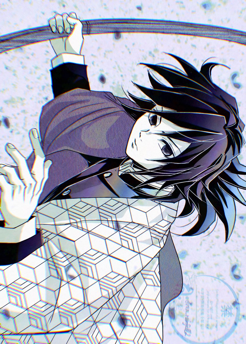 runa (ren rainfall), tomioka giyuu, kimetsu no yaiba, highres, 1boy, black hair, black jacket, buttons, closed mouth, demon slayer uniform, empty eyes, haori, holding, holding sword, holding weapon, jacket, japanese clothes, kikkoumon, looking at viewer, low ponytail, male focus, muted color, ponytail, print haori, red haori, sideways, solo, spiked hair, sword, upper body, watermark, weapon, wooden sword