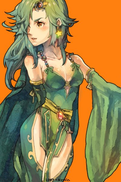 nessie, nessie (kska), rydia (adult) (ff4), rydia (ff4), final fantasy, final fantasy iv, bad id, bad pixiv id, 1990s (style), 1girl, blush, breasts, cleavage, detached sleeves, earrings, female focus, green hair, jewelry, leotard, medium breasts, orange eyes, retro artstyle, simple background, solo, thighhighs