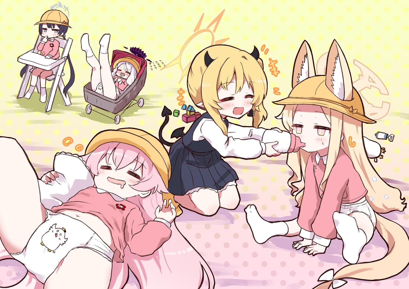 kurosaki kousuke, hina (blue archive), hoshino (blue archive), ibuki (blue archive), kisaki (blue archive), kisaki (kindergarten uniform) (blue archive), peroro (blue archive), seia (blue archive), blue archive, commentary, commission, highres, skeb commission, +++, 5girls, animal ears, baby bottle, black dress, black hair, black horns, black tail, black wings, blonde hair, blush, bottle, closed eyes, demon horns, demon tail, demon wings, diaper, dress, drooling, ears through headwear, extra ears, finger in own mouth, flying sweatdrops, fox ears, fox girl, fox tail, frilled pillow, frills, grey eyes, grey halo, halo, hat, horns, hugging object, kindergarten uniform, legs up, long hair, long sleeves, lying, mouth drool, multiple girls, name tag, navel, no shoes, on back, open mouth, pacifier, pillow, pillow hug, pinafore dress, pink eyes, pink hair, pink halo, pink shirt, pointy ears, puffy long sleeves, puffy sleeves, purple halo, school hat, shirt, short hair, side ponytail, sitting, sleeping, sleeveless, sleeveless dress, socks, stroller, tail, twintails, very long hair, white hair, white shirt, white socks, wings, yellow halo, yellow hat