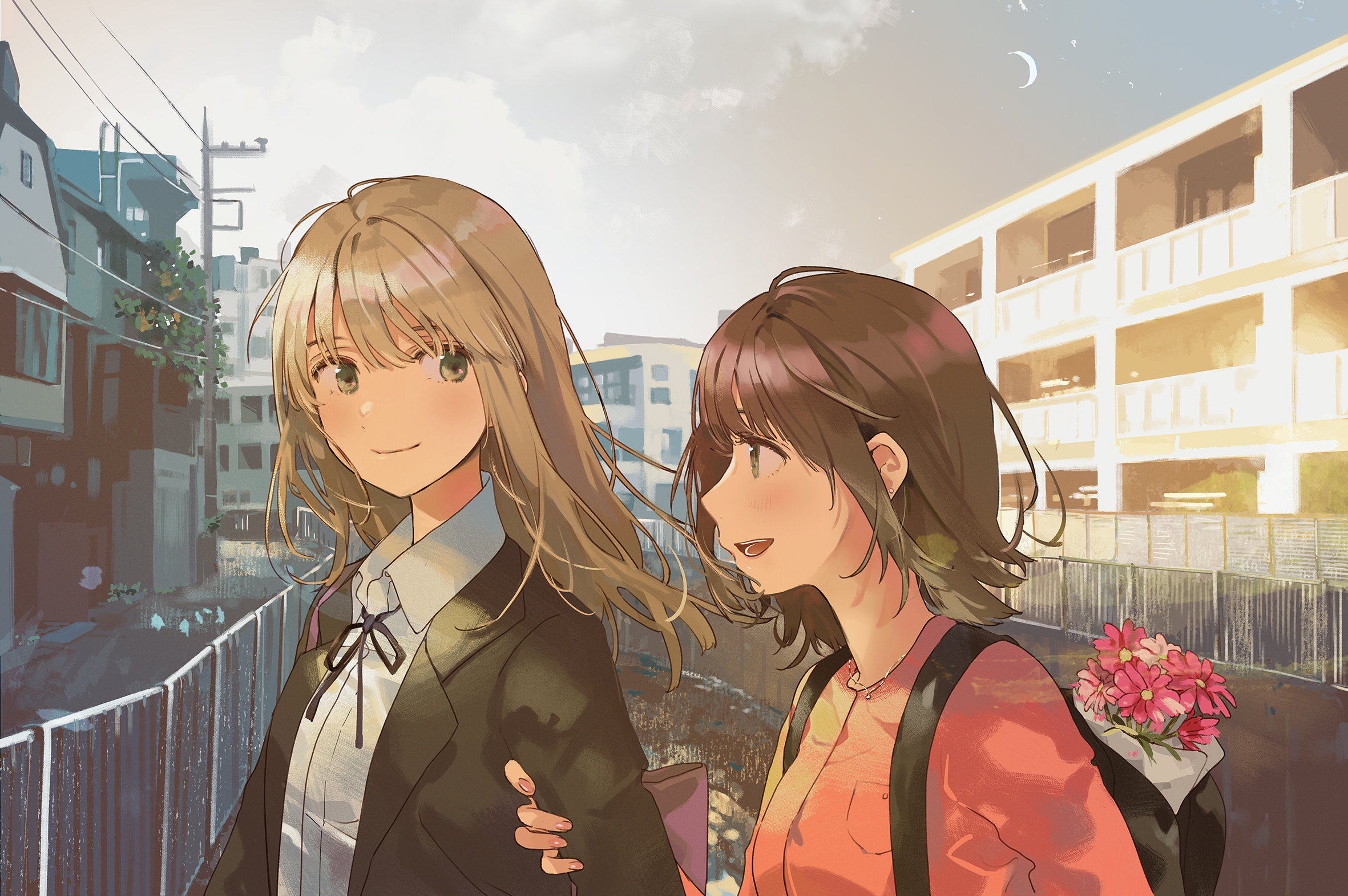 fly (marguerite), original, commentary request, highres, 2girls, backpack, bag, black bag, black jacket, black ribbon, blonde hair, bouquet, brown eyes, brown hair, building, closed mouth, collared shirt, dress shirt, flower, grabbing another's arm, jacket, jewelry, long hair, medium hair, multiple girls, neck ribbon, necklace, open mouth, outdoors, pink shirt, power lines, railing, ribbon, river, shirt, sidelocks, teeth, white shirt