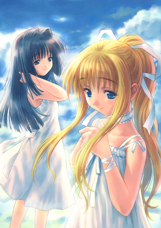 goto p, kamio misuzu, minase nayuki, air (visual novel), kanon, key (company), 00s, 2girls, blonde hair, company connection, crossover, dress, multiple girls