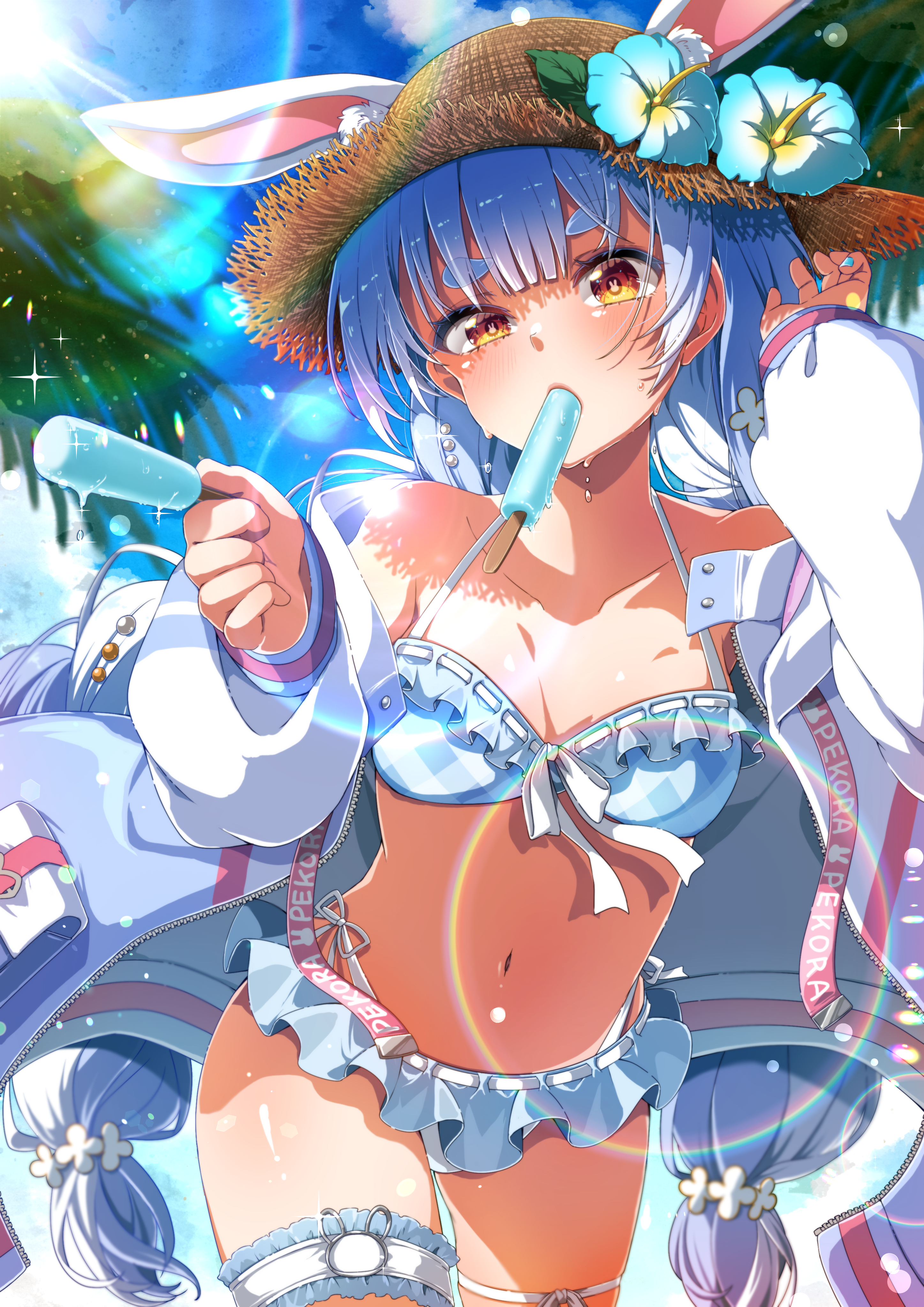shidou riko, usada pekora, usada pekora (summer), hololive, absurdres, highres, 1girl, animal ear fluff, animal ears, bikini, blue bikini, blue flower, blue hair, blush, breasts, collarbone, flower, food, frilled bikini, frills, halterneck, hibiscus, holding, holding food, holding popsicle, looking at viewer, mouth hold, navel, official alternate costume, open mouth, orange eyes, outdoors, popsicle, rabbit ears, rabbit girl, rabbit symbol, short eyebrows, smile, solo, swimsuit, symbol-shaped pupils, thick eyebrows, virtual youtuber, wet