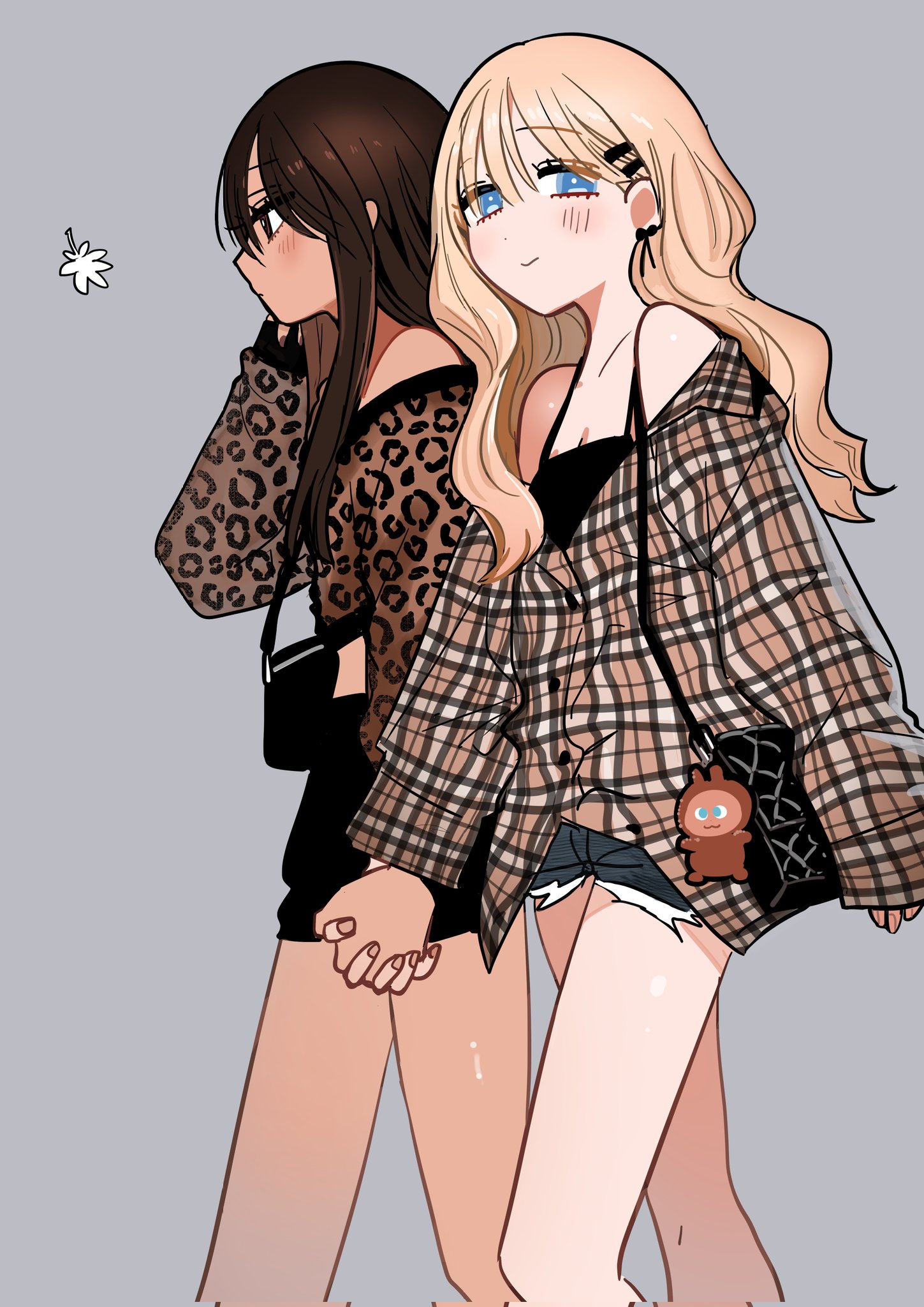 inoue koharu, labubu, original, commentary request, corrupted twitter file, highres, 2girls, animal print, bag, black camisole, black shorts, blonde hair, blue eyes, blush, brown hair, camisole, closed mouth, dark-skinned female, dark skin, falling leaves, grey background, handbag, holding hands, interlocked fingers, leaf, leopard print, long hair, multiple girls, off-shoulder shirt, off shoulder, plaid clothes, plaid shirt, print shirt, shirt, shorts, simple background, smile, taooka yua, watase reina, yuri