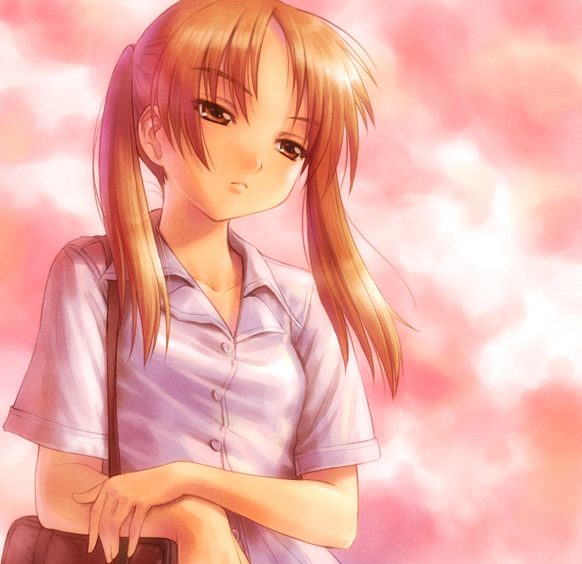 goto p, 1girl, bag, brown eyes, brown hair, female focus, red hair, shoulder bag, solo, twintails