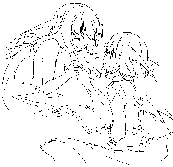 sakuraba yuuki, koakuma, embodiment of scarlet devil, touhou, 2girls, ^ ^, alternate hairstyle, bat wings, book, breasts, cleavage, closed eyes, dual persona, female focus, greyscale, head wings, long hair, monochrome, multiple girls, oekaki, open book, short hair, smile, vest, wings