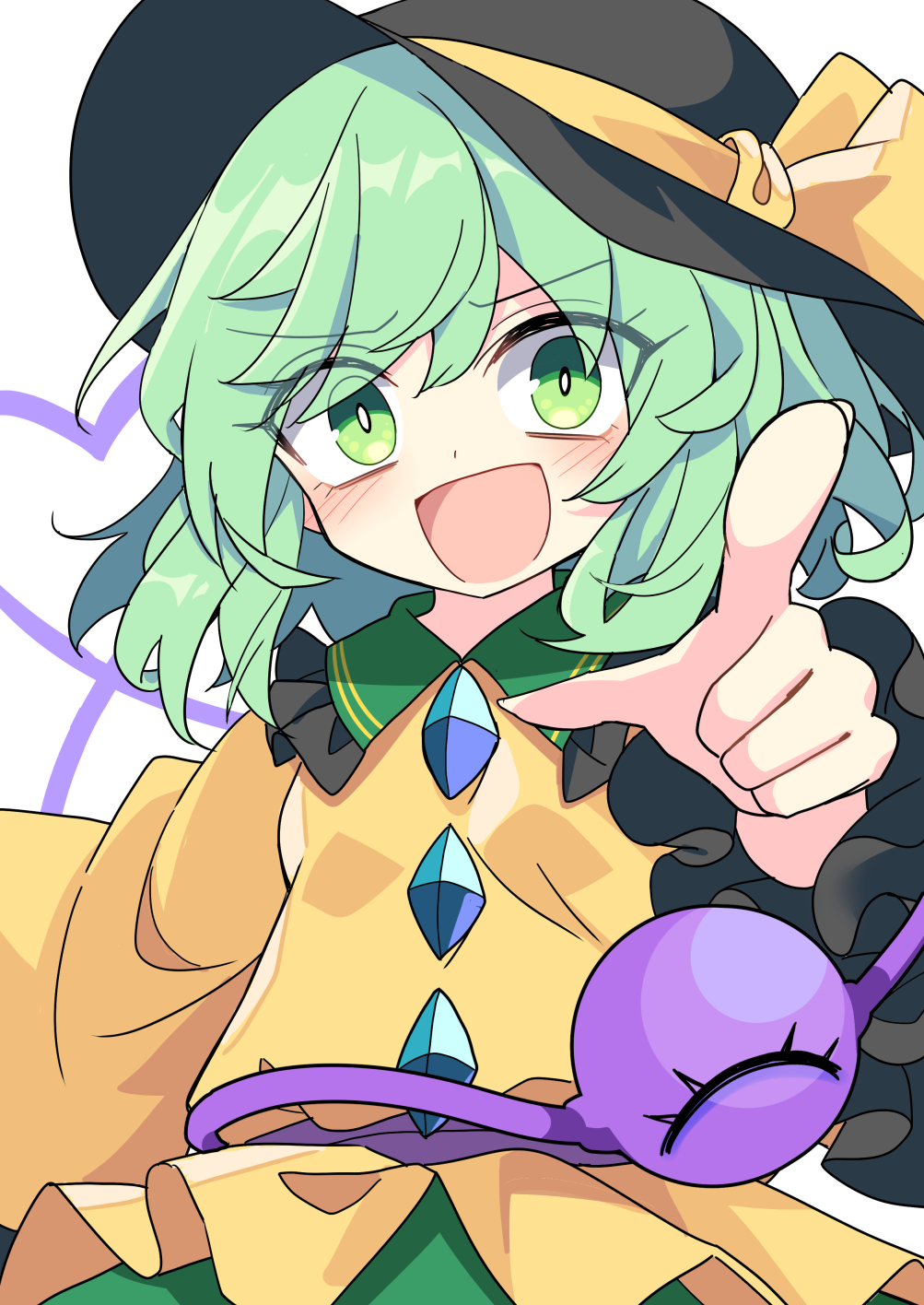 e.o., komeiji koishi, touhou, highres, black hat, blush, bright pupils, buttons, diamond button, frilled sleeves, frills, green eyes, green skirt, hat, hat ribbon, looking at viewer, open mouth, pointing, pointing at viewer, ribbon, shirt, skirt, smile, third eye, upper body, white pupils, wide sleeves, yellow ribbon, yellow shirt