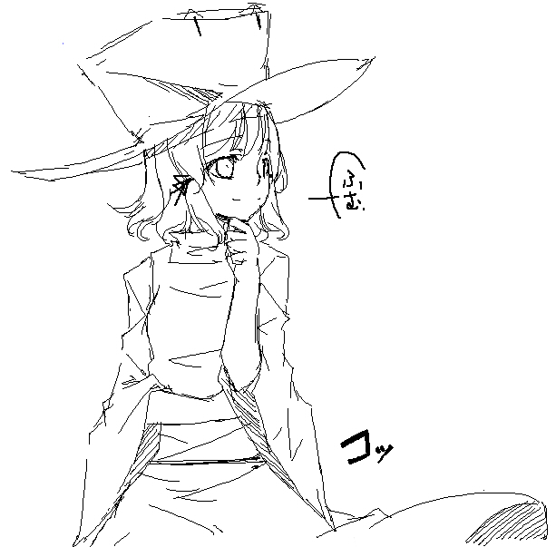 sakuraba yuuki, moriya suwako, touhou, 1girl, female focus, greyscale, hat, monochrome, oekaki, skirt, solo, white background