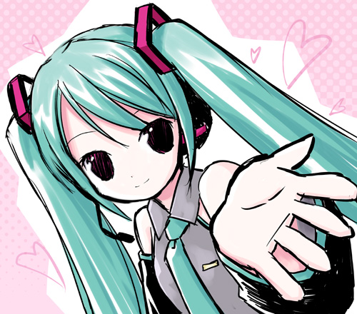 kiira, hatsune miku, vocaloid, lowres, 1girl, aqua hair, female focus, pink background, reaching, reaching towards viewer, solo, twintails