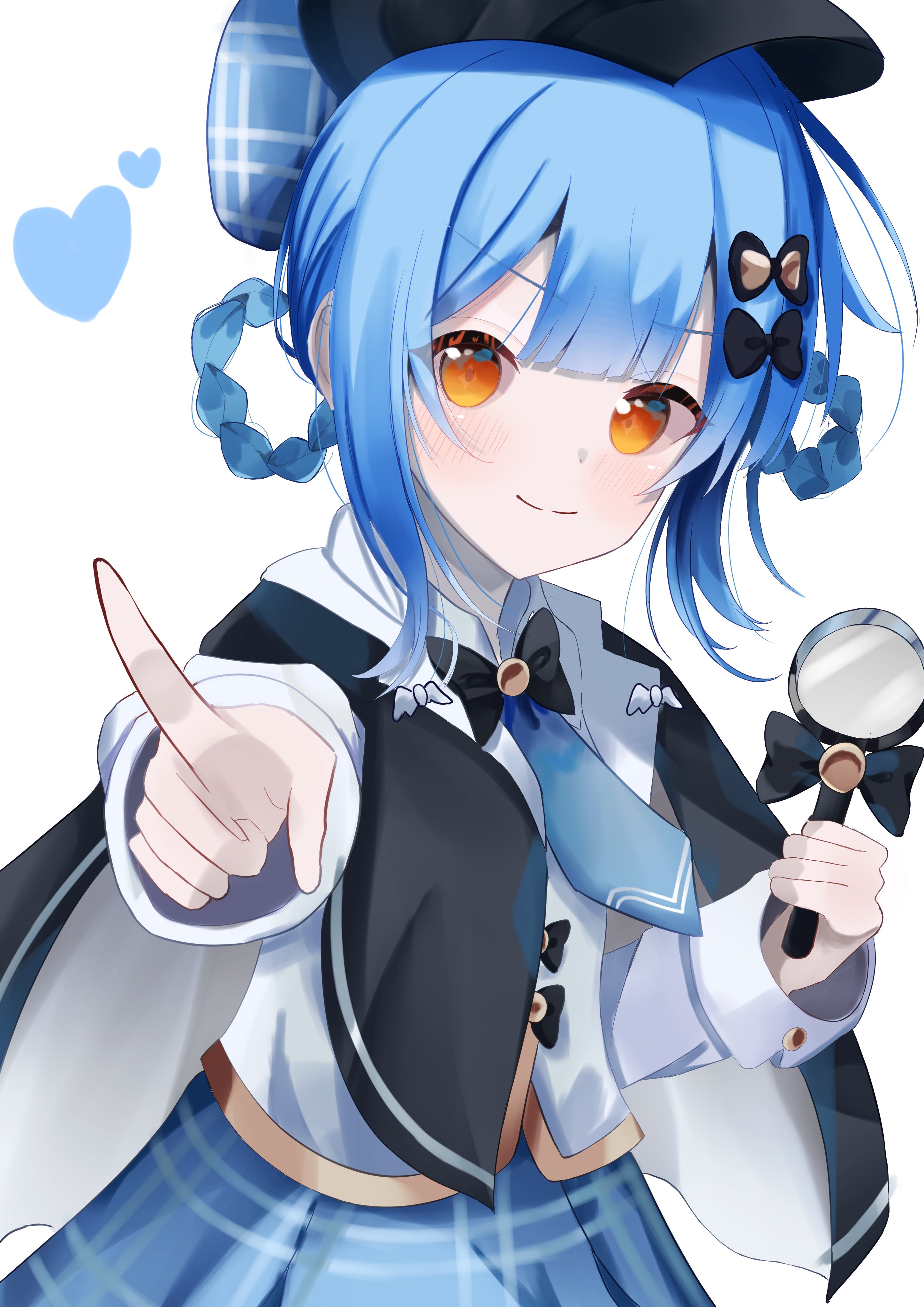 kiki0319i, tachibana sherry, mahou shoujo no majo saiban, absurdres, commentary request, highres, >:), 1girl, black bow, black bowtie, black cape, black hat, blue hair, blue hat, blue necktie, blue skirt, blunt bangs, blush, bow, bowtie, braid, braided hair rings, cape, closed mouth, collared shirt, cowboy shot, detective, hair bow, hair rings, hat, heart, holding, holding magnifying glass, index finger raised, long sleeves, looking at viewer, magnifying glass, medium hair, necktie, orange eyes, plaid clothes, plaid skirt, pointing, pointing at viewer, shirt, short necktie, sidelocks, simple background, skirt, smile, smug, solo, split mouth, two-tone hat, v-shaped eyebrows, white background, white shirt